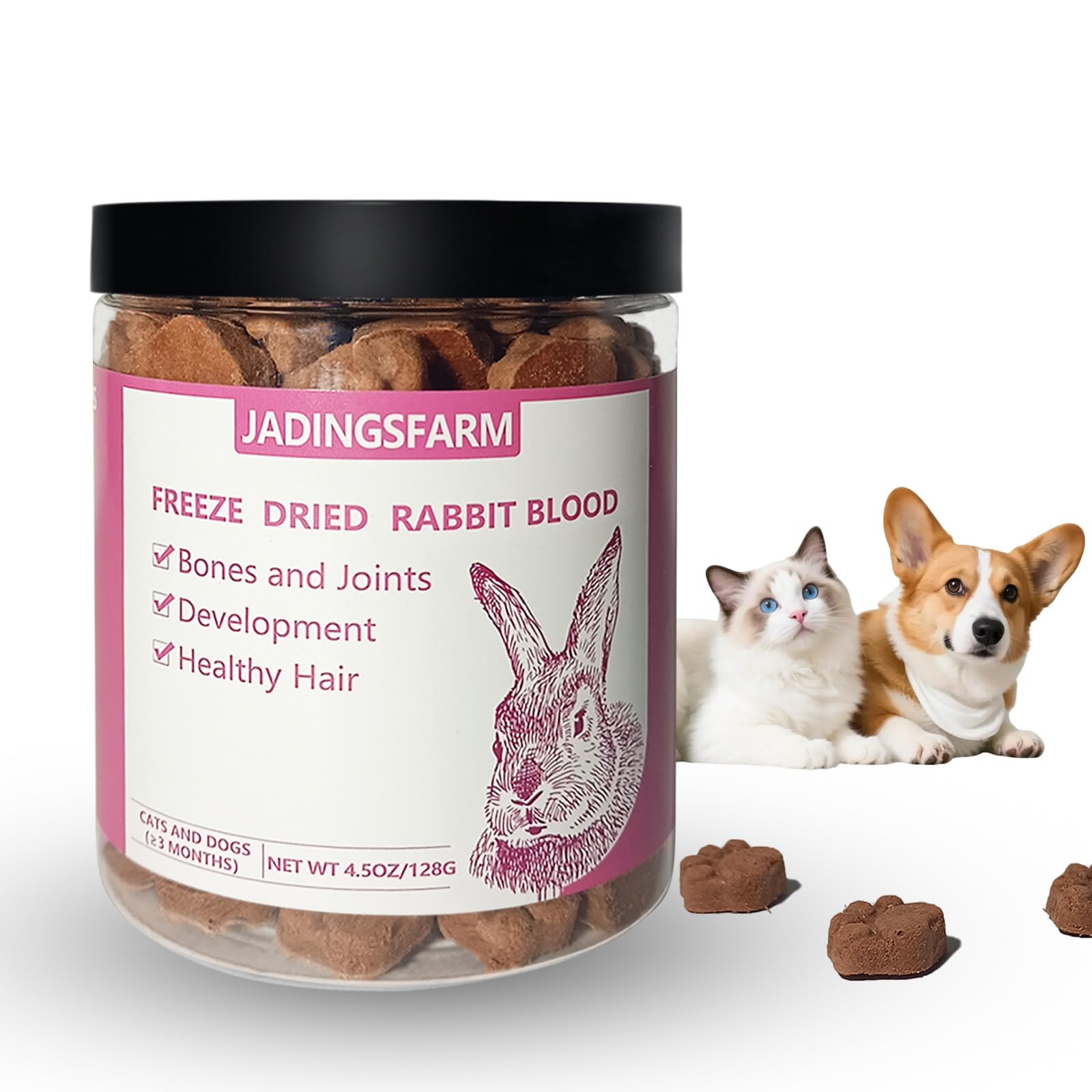 Freeze-Dried Cat Treats, Rabbit Blood Pet Food for Dogs, Iron-Rich Dog Cat Treats, High Protein Training Treats, Grain Free, Glu