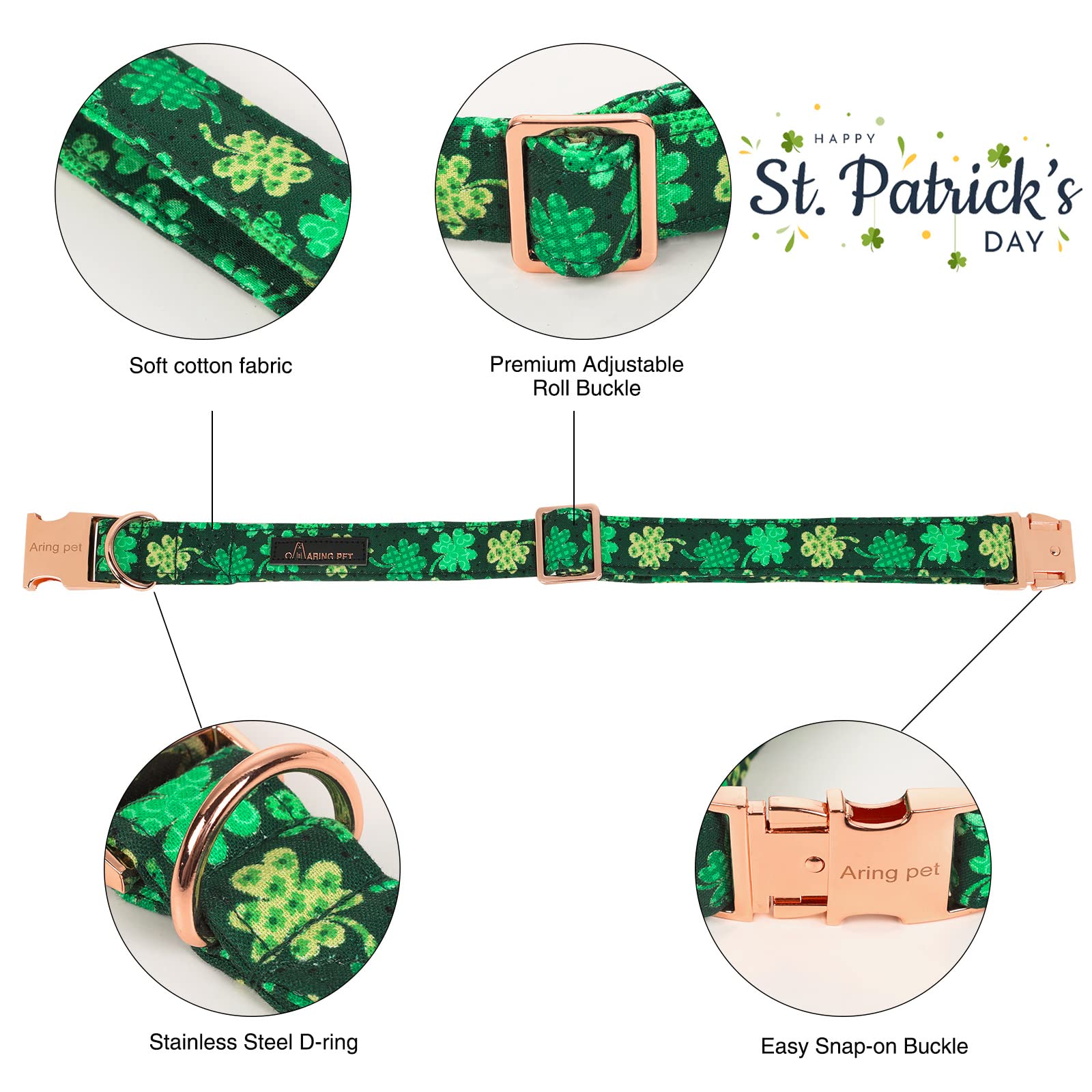 ARING PET St. Patrick 's Day Dog Collar-Cute Clovers Dog Collar with Bow, Cotton Trefoil Bowtie Dog Collars with Metal Buckle fo