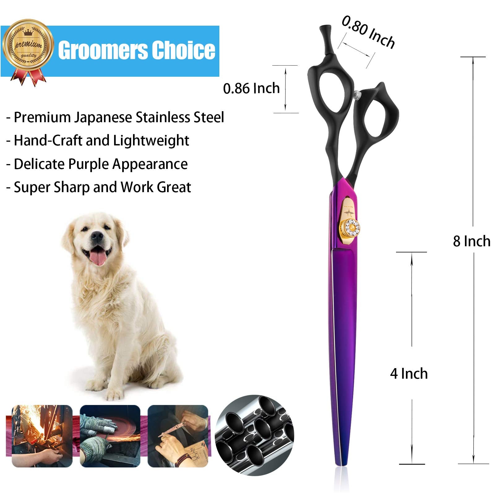 Purplebird 8 Inch Straight Dog Grooming Scissors Professional Pet Cutting Shears Safety Noiseless Blunt Tip Trimming Shearing For Dogs Cats Japanese Stainless Steel Purple