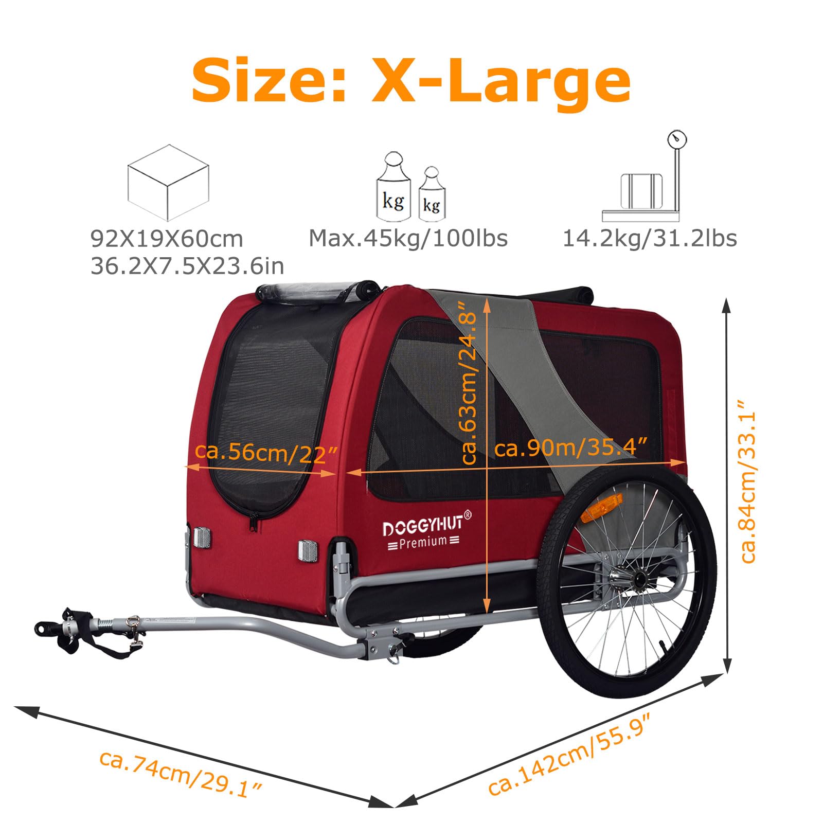 Doggyhut?Premium Xl Pet Bike Trailer For Large Dog Or Multiple Small Dogs, Up To 100 Lbs,Dog Bicycle Carrier,Low Center Of Gravity,Easy Folding Frame Cart (Red)