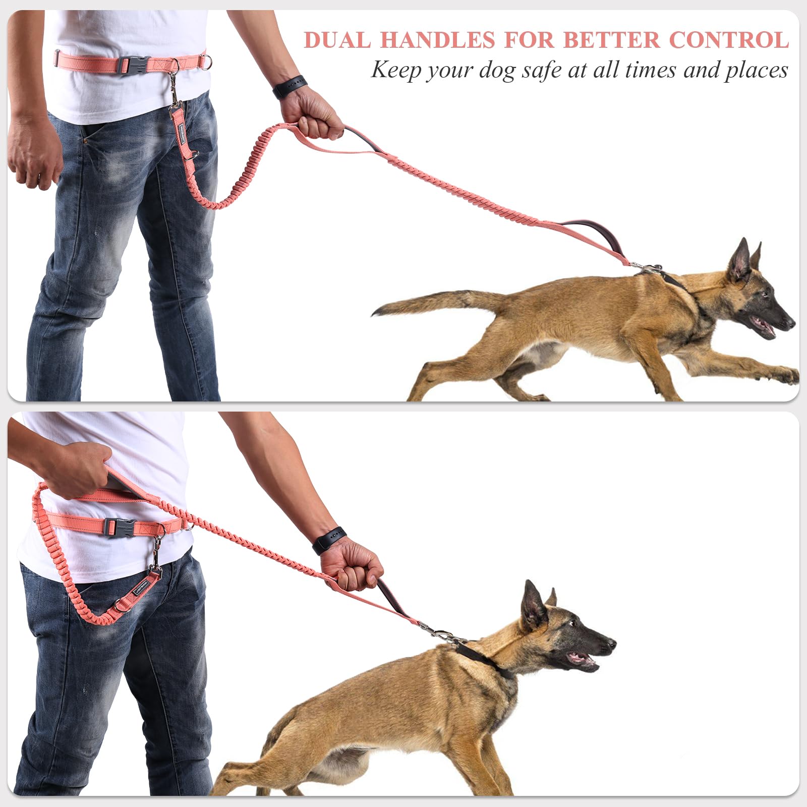 Vivaglory Hands Free Dog Running Leash With Dual Advanced Anti-Shock Bungees And Padded Handles, Reflective Waist Jogging Leash With Adjustable Belt For Training For Medium Large Dogs, Pink/Grey