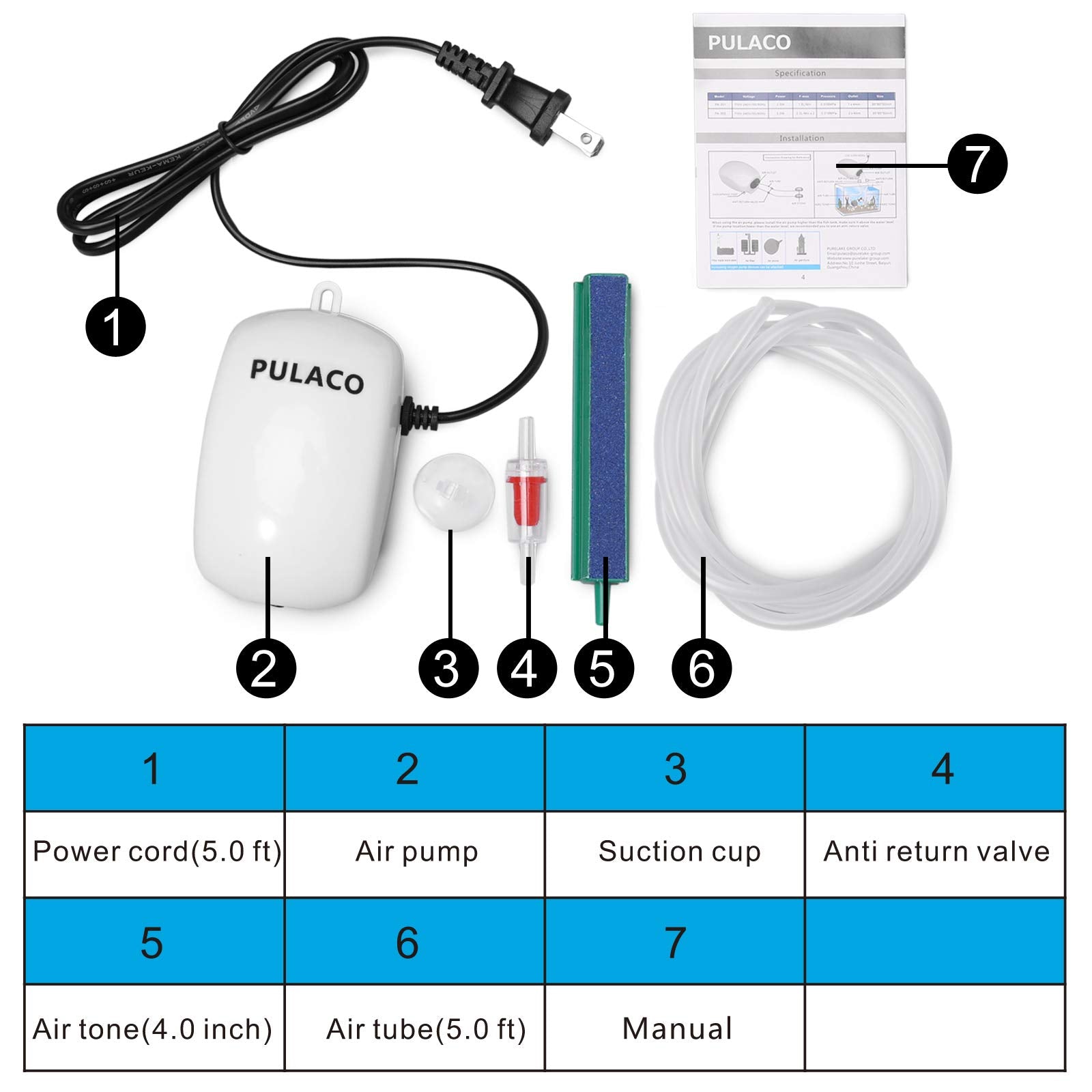 Pulaco Ultra Quiet Mini Aquarium Fish Tank Air Pump For 1-20 Gallon Fish Bowl With Air Tube Air Bubbler Stone Check Valve