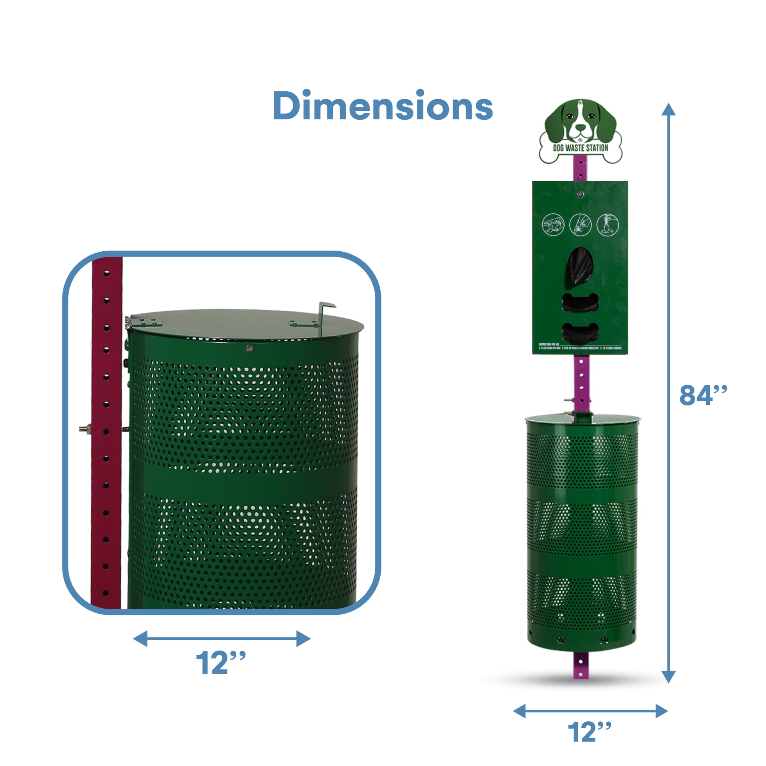 Flybold Dog Waste Station - Outdoor Dog Poop Trash Can With Poop Bag Dispenser - 400 Roll Bags, 200 Pull Bags, 50 Can Liners - P