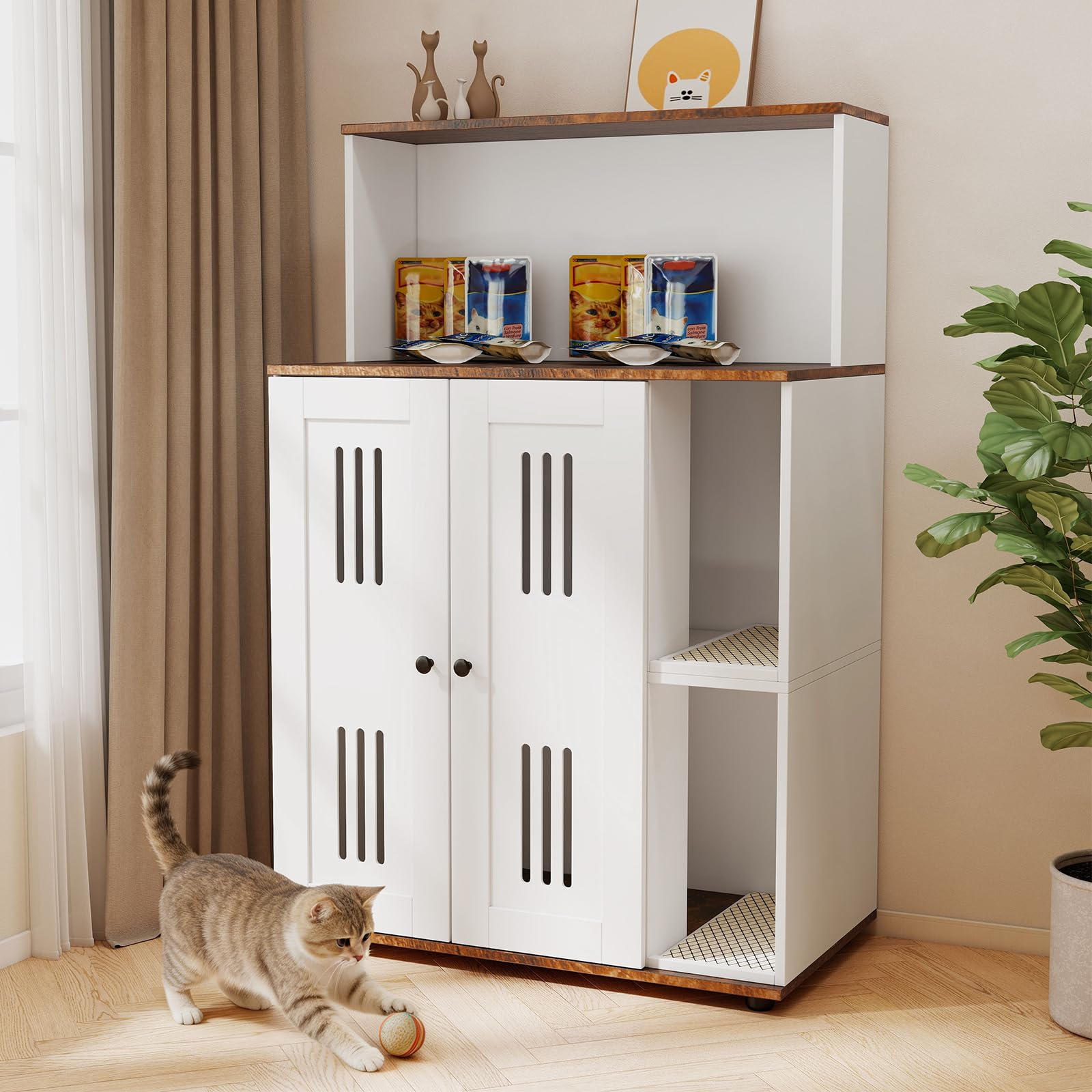 Yafylly Double Cat Litter Box Enclosure, Cat Litter Box Cabinet with Scratch Mat, Litter Enclosure for 2 Cats, Cats Litter Box F