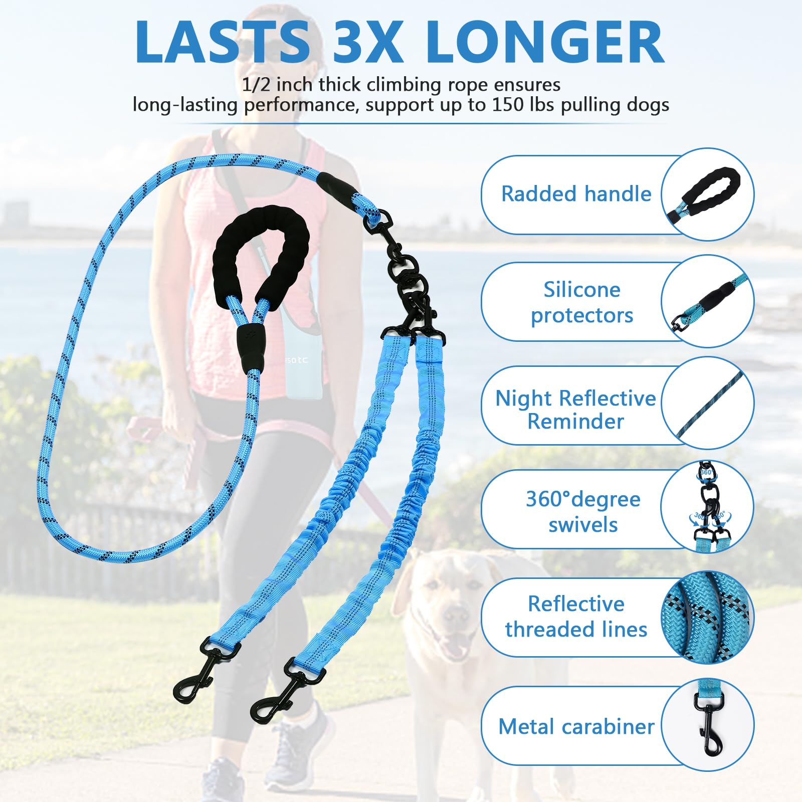 4 Way Dog Leash,No Tangle For Four Dogs, 3 In 1 Dog Leash With 360 Swivel, Shock Absorbing, Reflective Threads Comfort Foam Hand