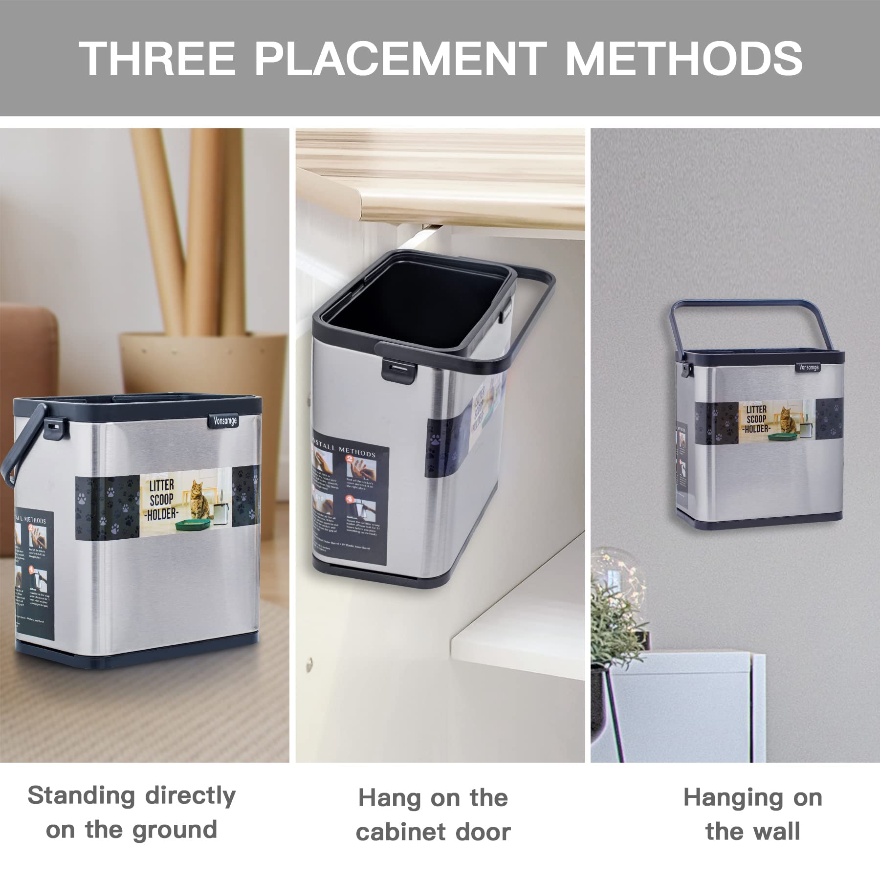 Vonsamge Universal Cat Litter Scoop Holder, Stainless Steel Small Portable Cat Litter Scooper Holder Trash Container.