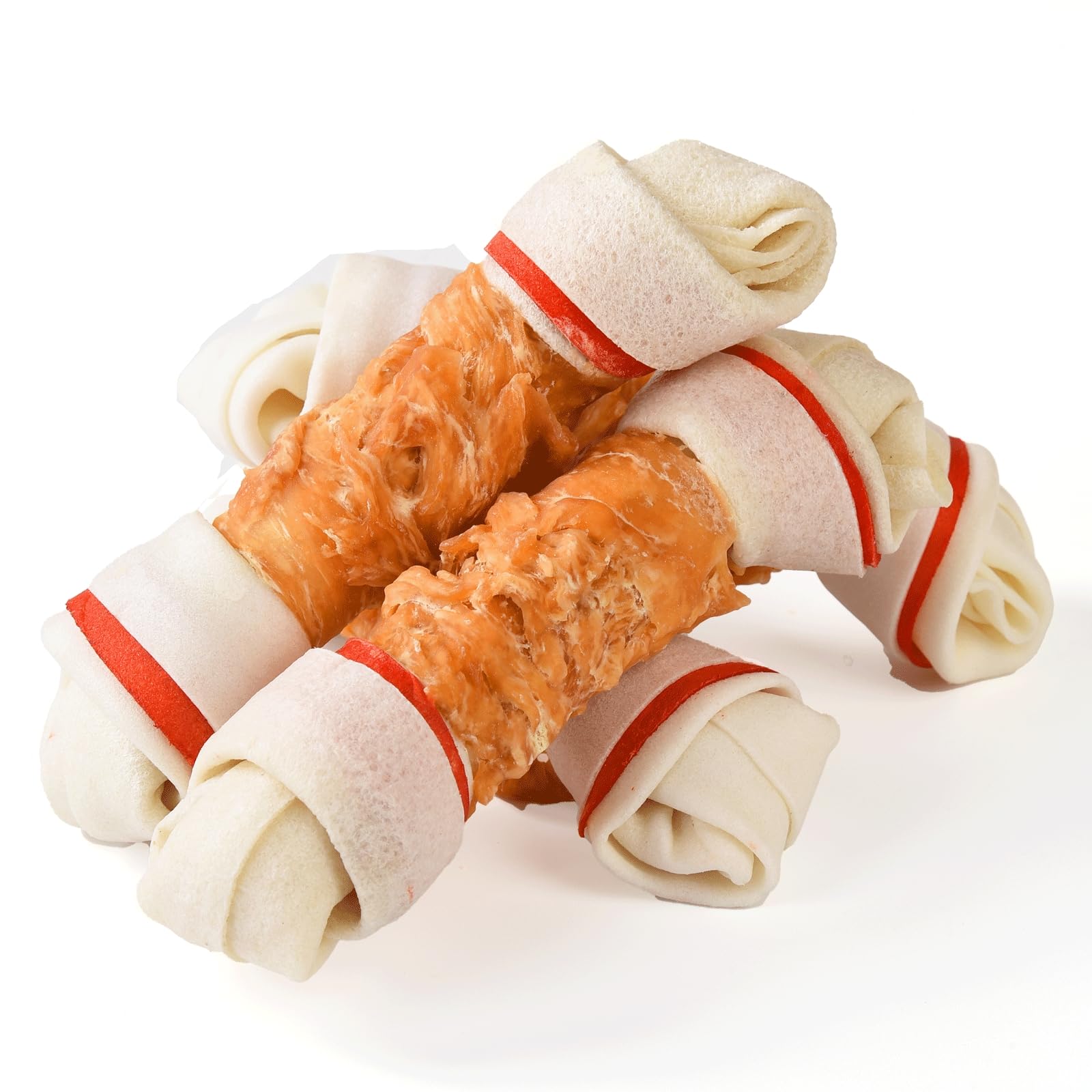 ASMPET Dog Treats Chews, 6.5 Chicken Wrapped Rawhide Knotted Bones Dental Care Chews for Small Medium Large Breeds(Packs of 4)