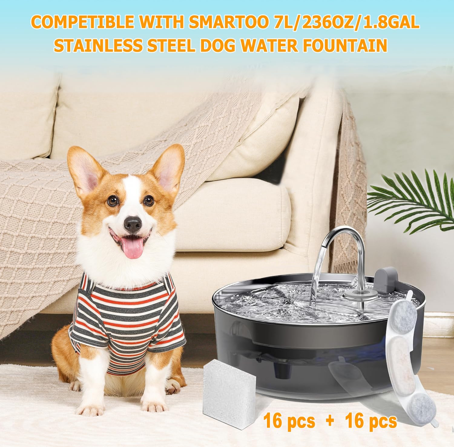 16 Pack Dog Water Replacement Filters Compatible With Smartoo 7L / 236Oz / 1.8Gal Stainless Steel Dog Water Fountain, Pet Dog Fo