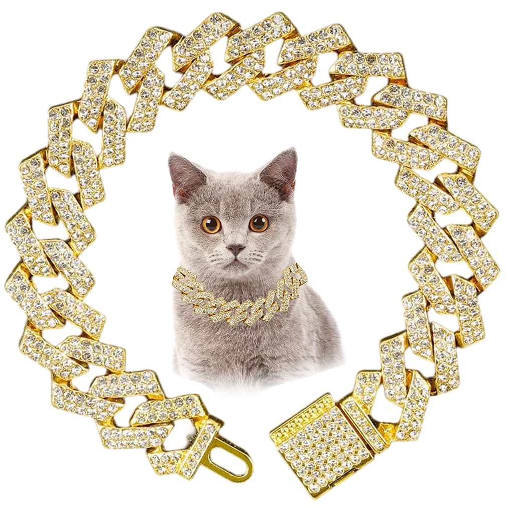 Gold Cat Chain Collar With Diamond, Bling Rhinestone Cuban Link Dog Collars Glitter Puppy Necklace Jewelry For Small Medium Larg