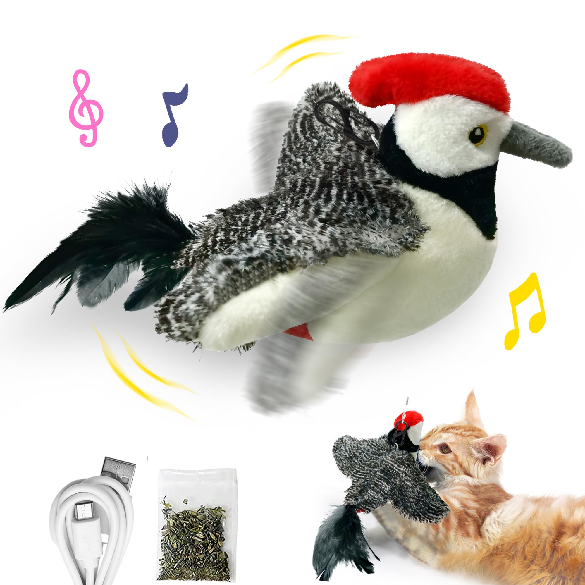 LEWISER Cat Toys, Flapping Wings Cute Woodpecker, No Flying, Chirping Bird Interactive Catnip Toy for Kitten or Small Dogs, Touc