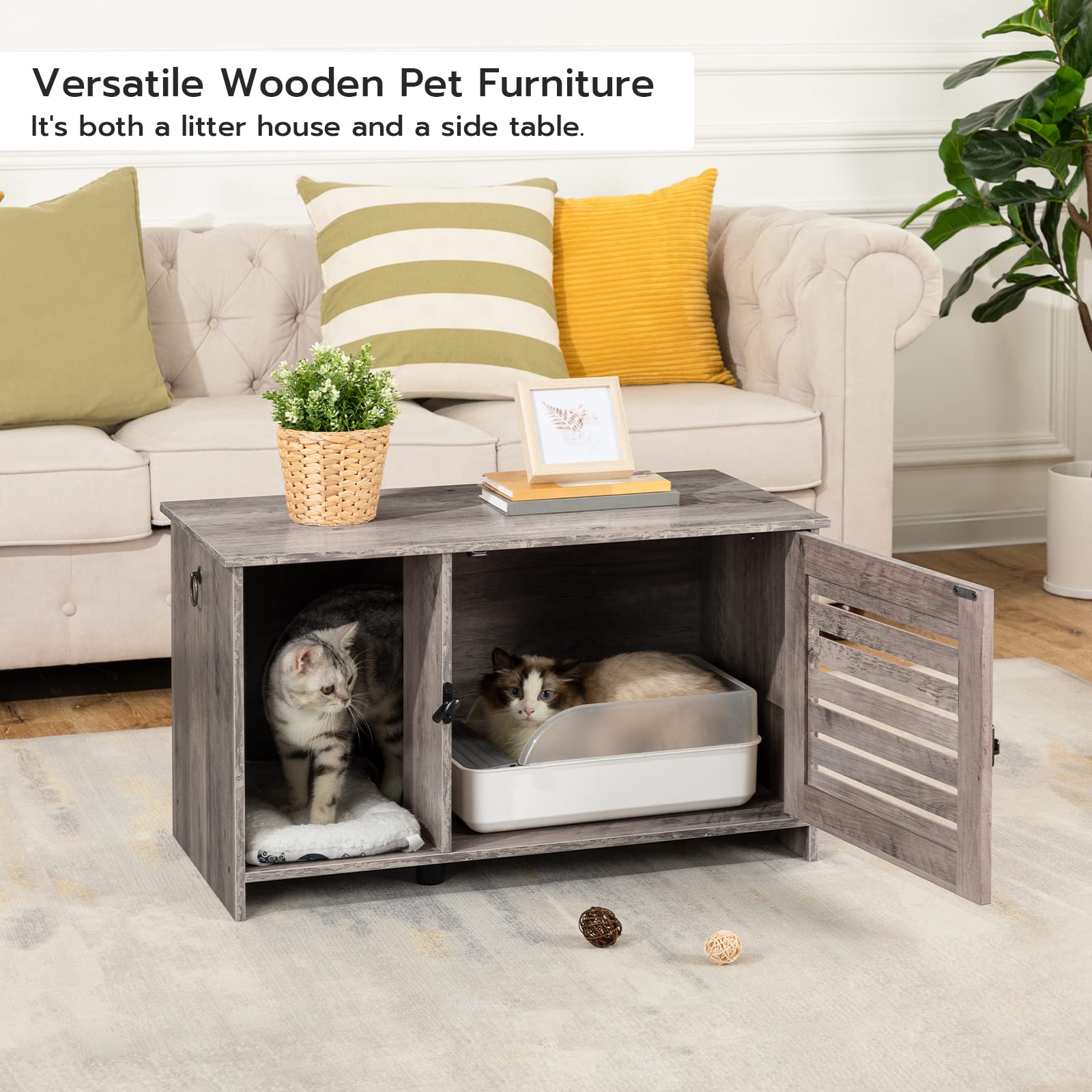 Hoobro Cat Litter Box Enclosure, Hidden Cat Litter Box Furniture With Louvered Door, Spacious Hidden Cat Washroom With Divider,