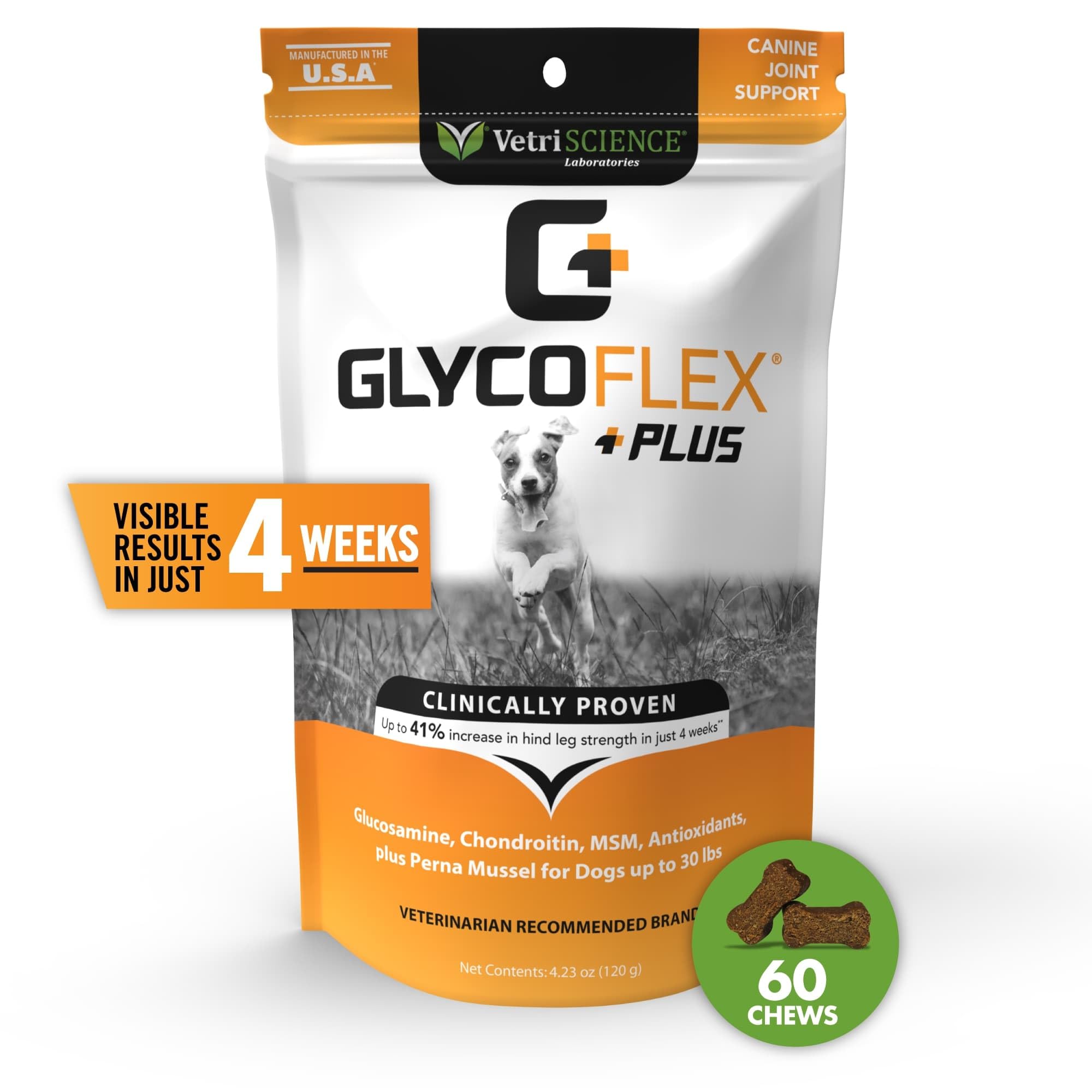 VETRISCIENCE GlycoFlex Plus Hip and Joint Supplement for Small Dogs, 60 Chews, Extra-Strength with Green Lipped Mussel, Chondroitin, Glucosamine