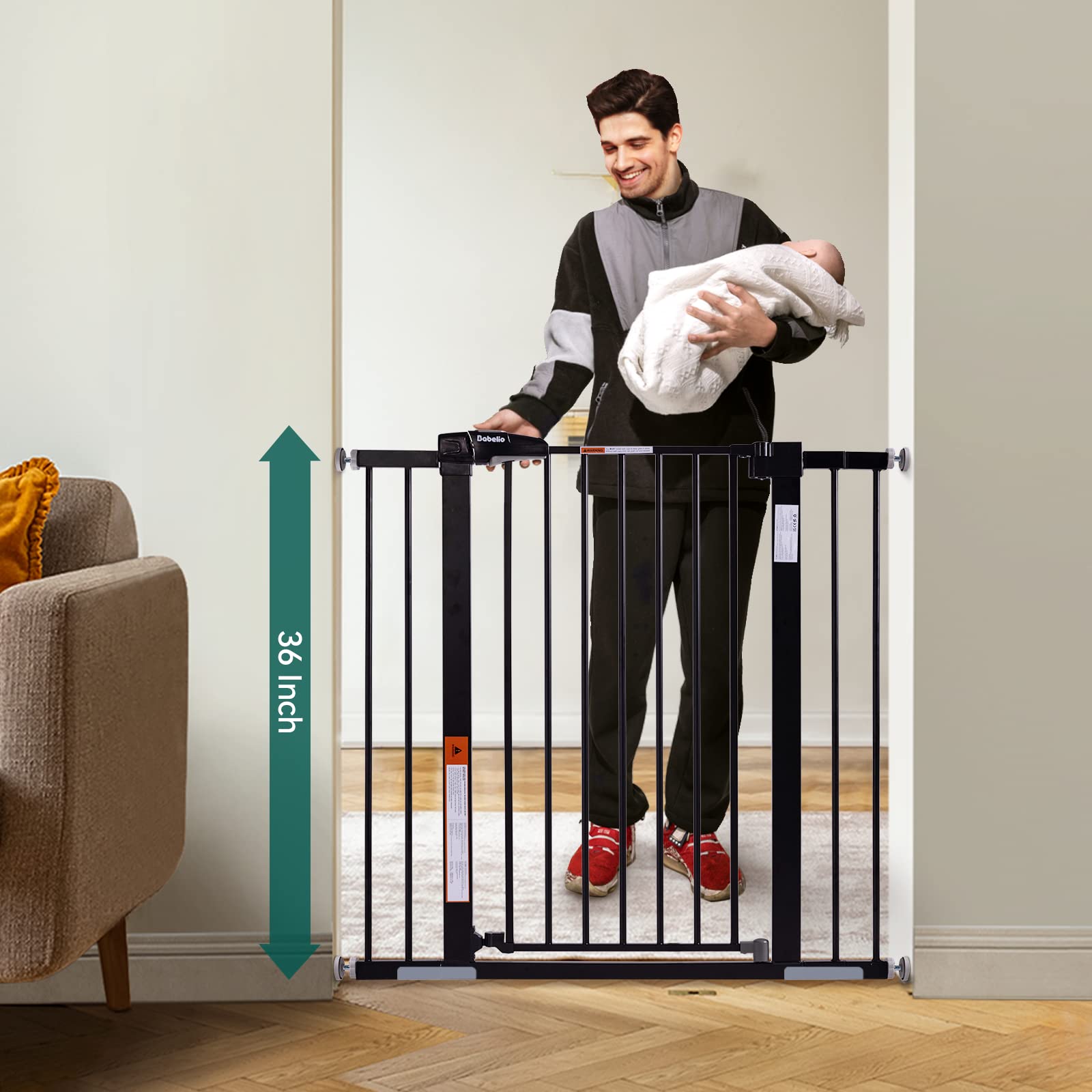 Babelio 36' Tall Baby Gate, 26-40' Wide Auto Close Pet Gate, Pressure Mounted Metal Dog Gate, Easy-Install No Drilling, No Tools Required, With Wall Protectors And Extension Kits, Black