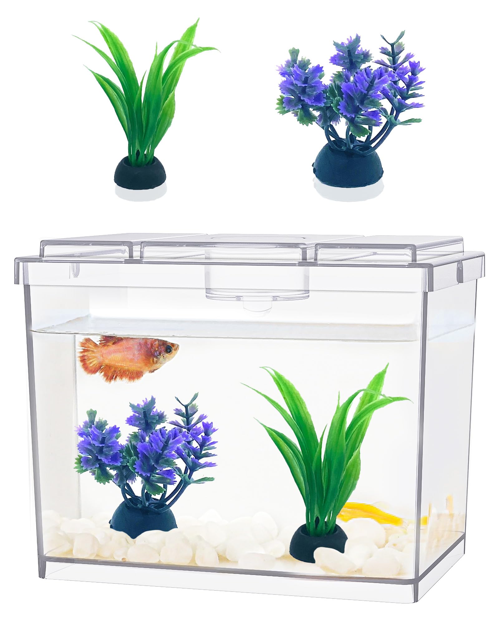 Moonorange Mini Betta Fish Tank, Small Fish Bowl For Temporary Space, 0.2 Gallon Stackable Cube Tank With Artificial Plants And 