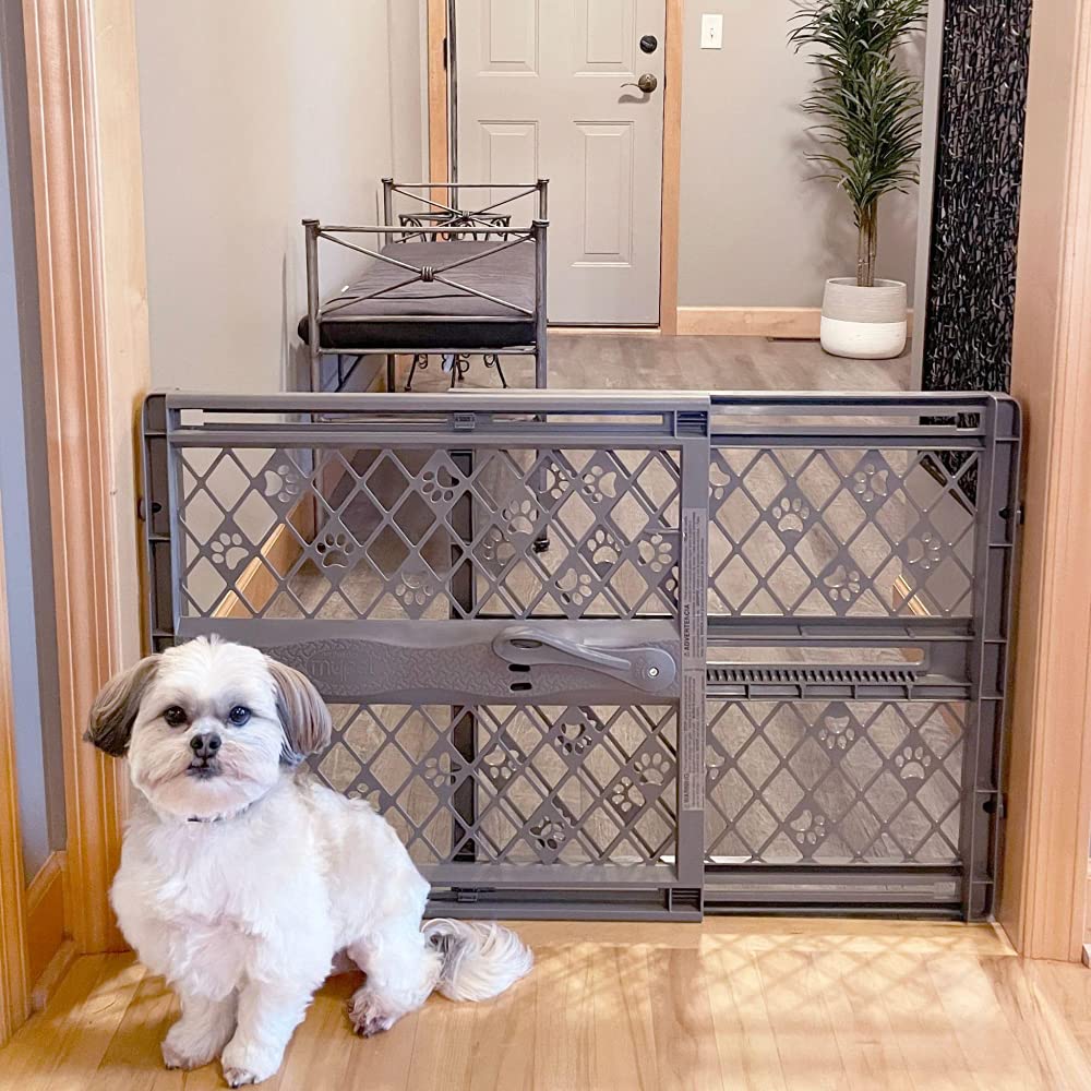 Mypet North States Paws Portable Pet Gate: 26-40' Wide. Pressure Mount. No Tools Needed. Made In Usa. Dog Gate 23' Tall, Expandable, Durable Dog Gates For Doorways, Fieldstone Gray