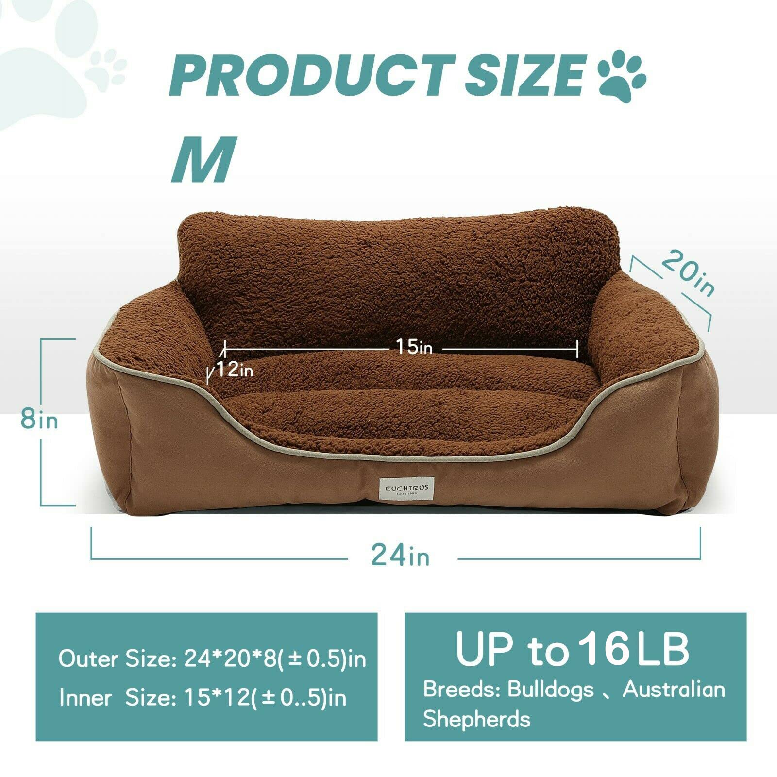 Euchirus Pet Dog Bed - Soft Plush Orthopedic Washable Dog Sofa With Waterproof Bottom, Brown Medium