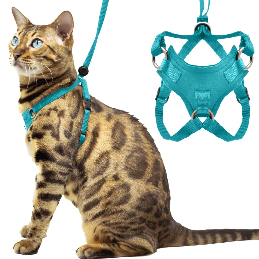 Houdini Escape Proof Cat Harness And Leash Set By Outdoorbengal - Turquoise, Large Cat Harness For Walking Big Cats
