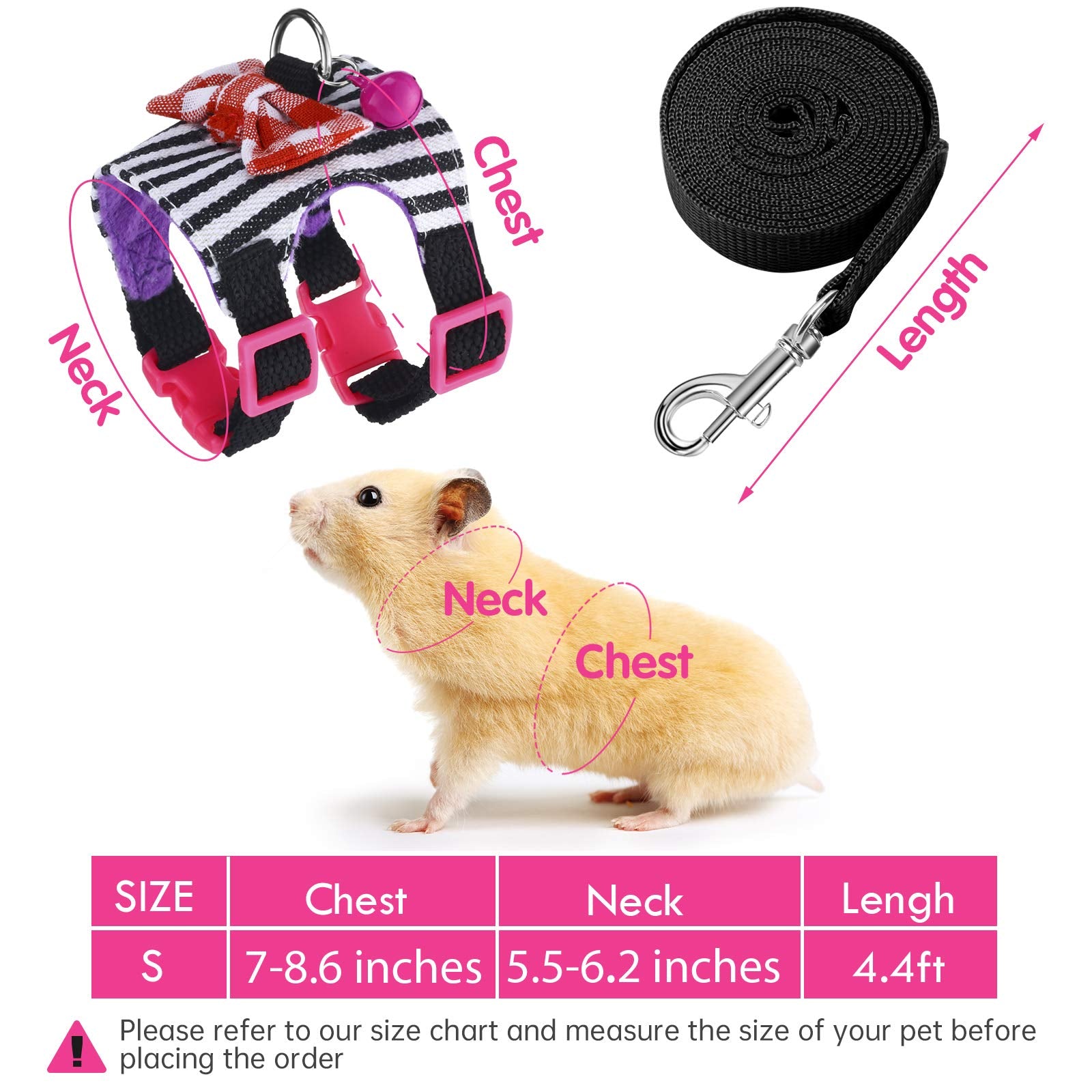 2 Pieces Hamster Harness And Leash Set For Walking, Small Guinea Pig Clothes With Bowknot Bell, No Pulling Comfort Padded Vest Striped For Guinea Pig Hamster Ferret, Small Animals (Blue, Black,S)