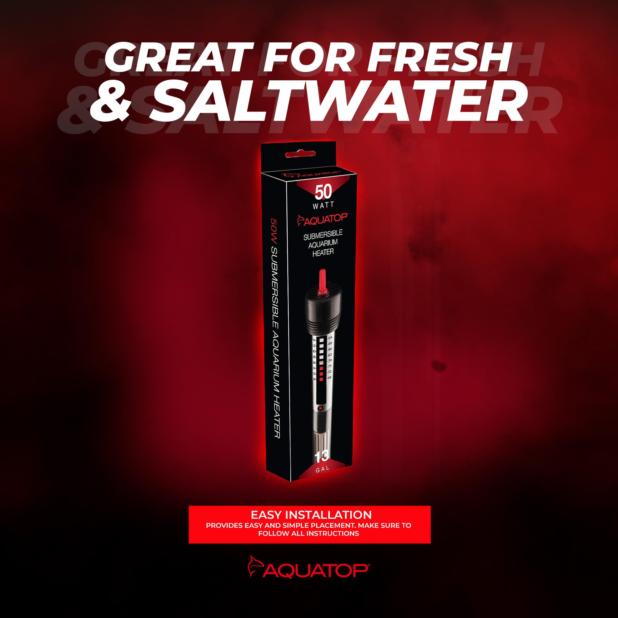 Aquatop 50W Aquarium Submersible Glass Heater – Adjustable Temperature 68-93°F – Fish Tanks Up To 13 Gal – For Freshwater & Saltwater Use – Gh-50