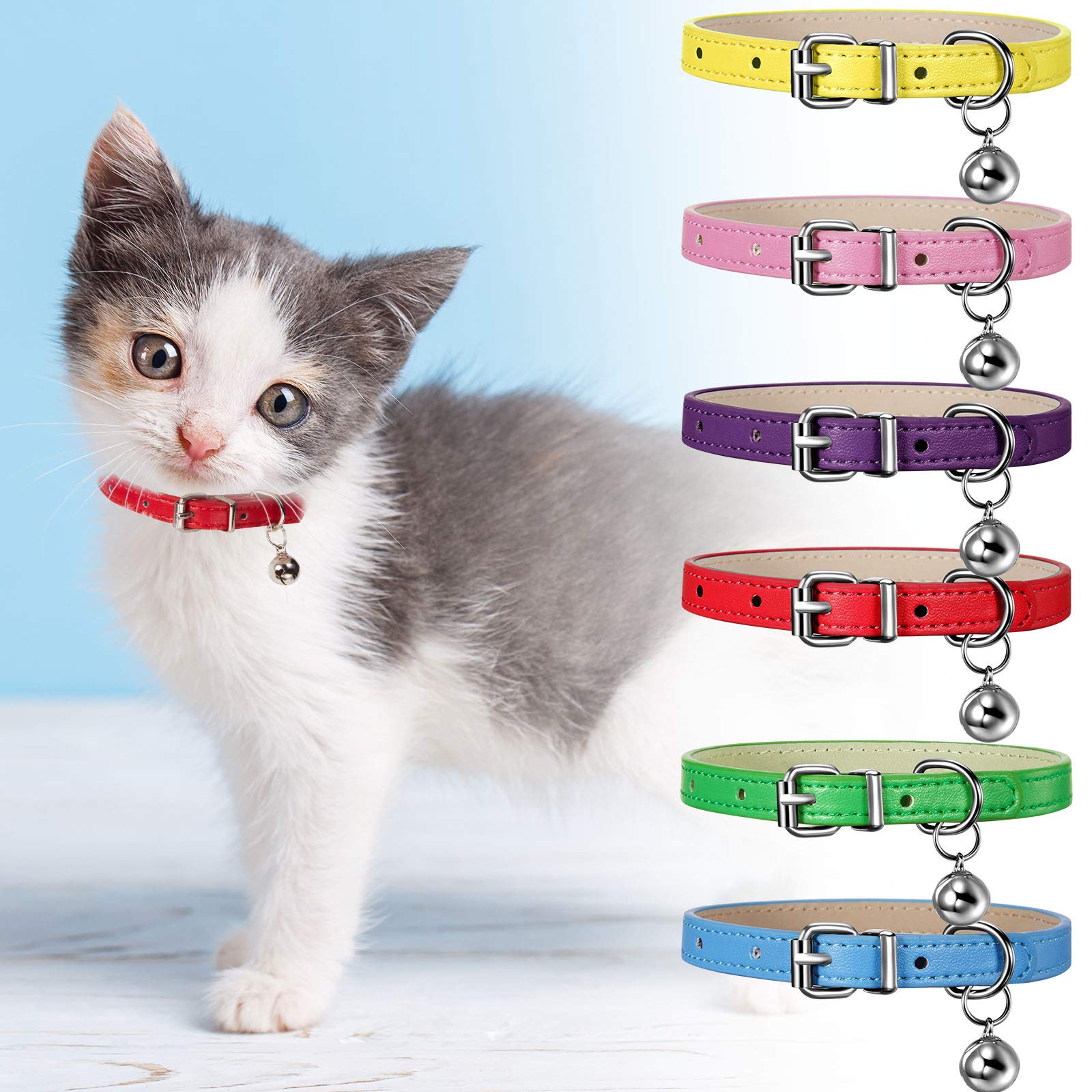 6 Pieces Leather Pet Cat Collars With Bell Soft Adjustable Leather Kitten Collars Cute Pet Collars For Small Cat Kitten Puppy (Bright Color)
