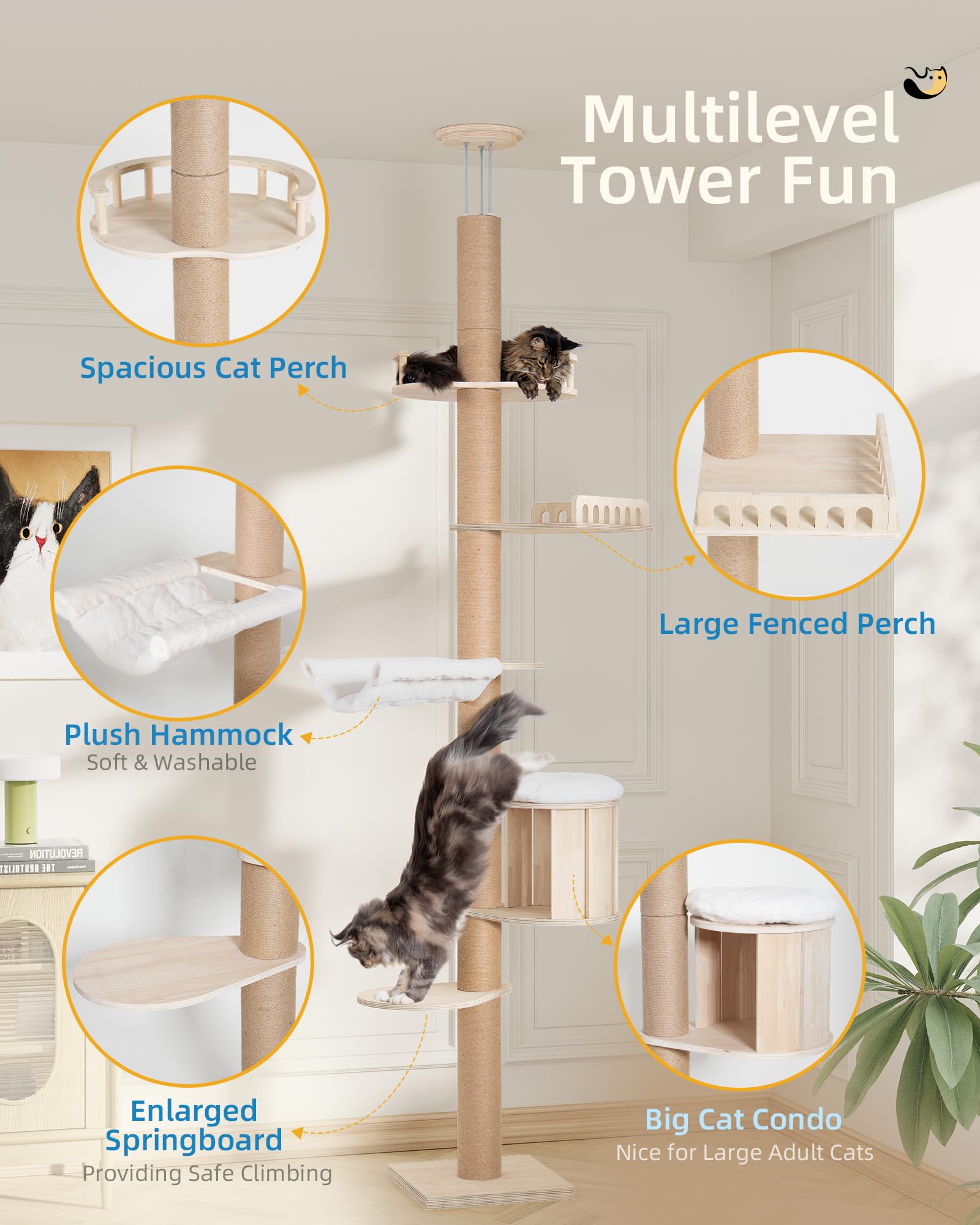 Aechonow Tall Floor To Ceiling Cat Tree For Large Cats, Cat Tower With Scratching Post, Adjustable Height(82-122 In), Large Cond