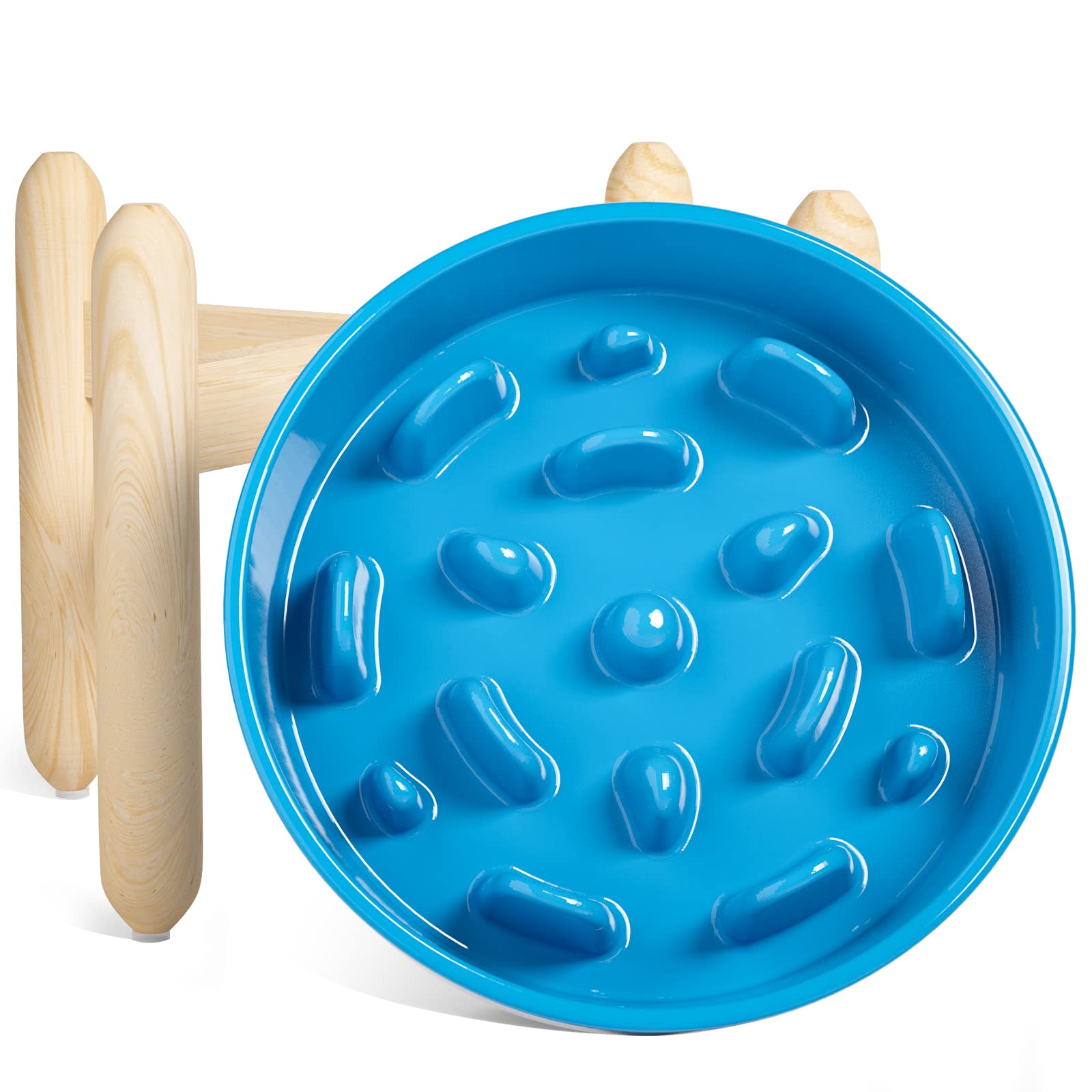 LE TAUCI Ceramic Slow Feeder Dog Bowls Elevated, 3 Cups Raised Dog Bowl with Wooden Stand for Medium Large Breed, Dog Dishes to 