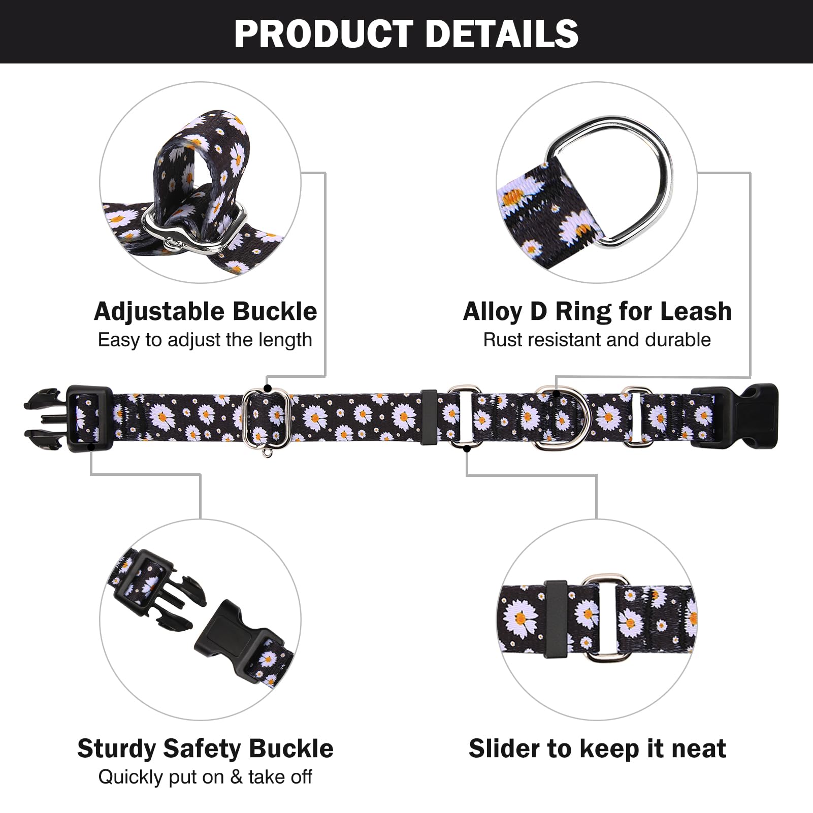 Hikiko Martingale Collar For Dogs With Buckle For Small Medium Large Dogs Soft Nylon Daisy Dog Collars Walking Training(Pure Dai