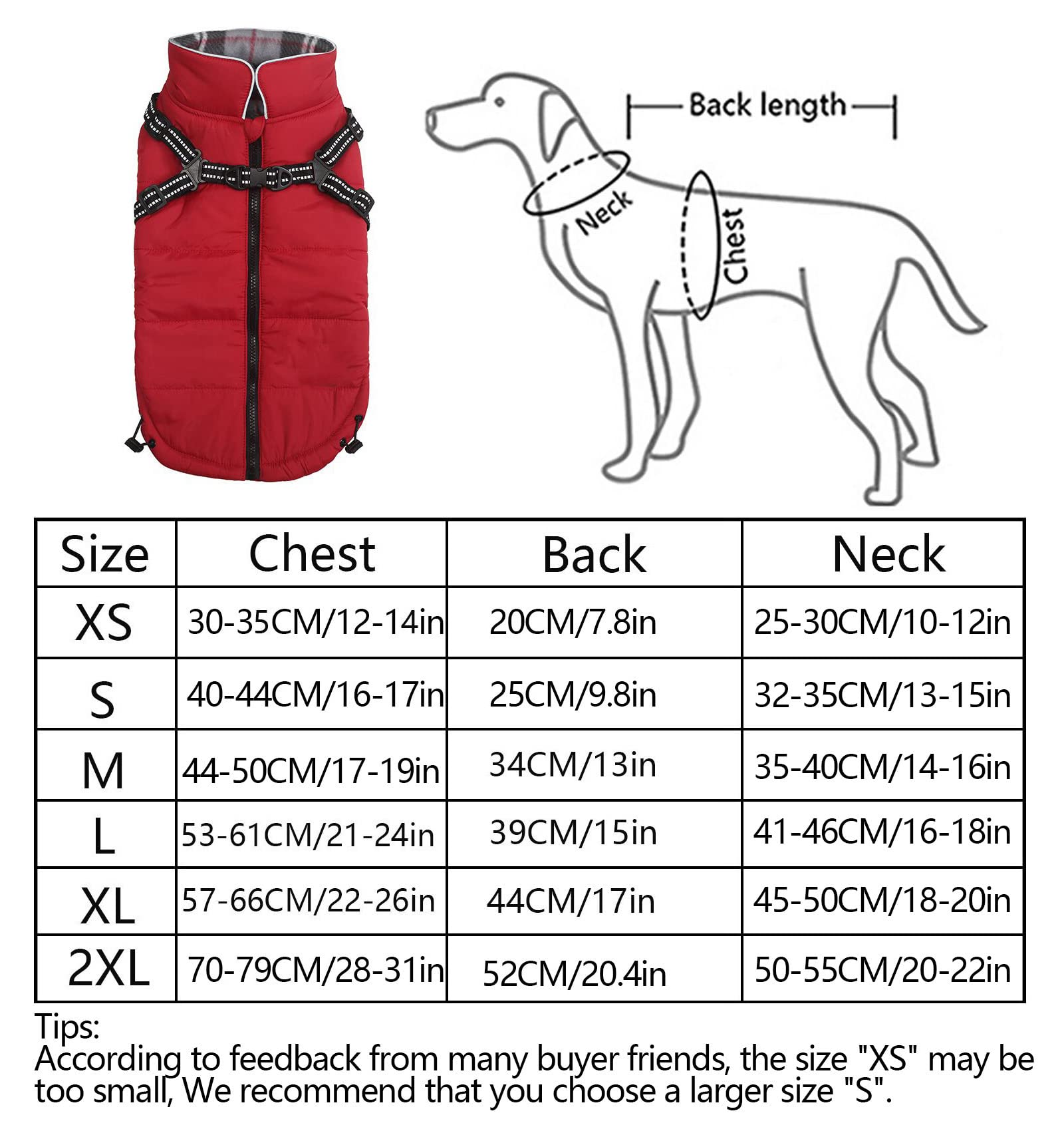 Winter Warm Coat Geyecete Waterproof Dog Winter Jacket With Harness Traction Belt,Pet Outdoor Jacket Dog Autumn And Winter Clothes For Medium, Small Dog-Red-S