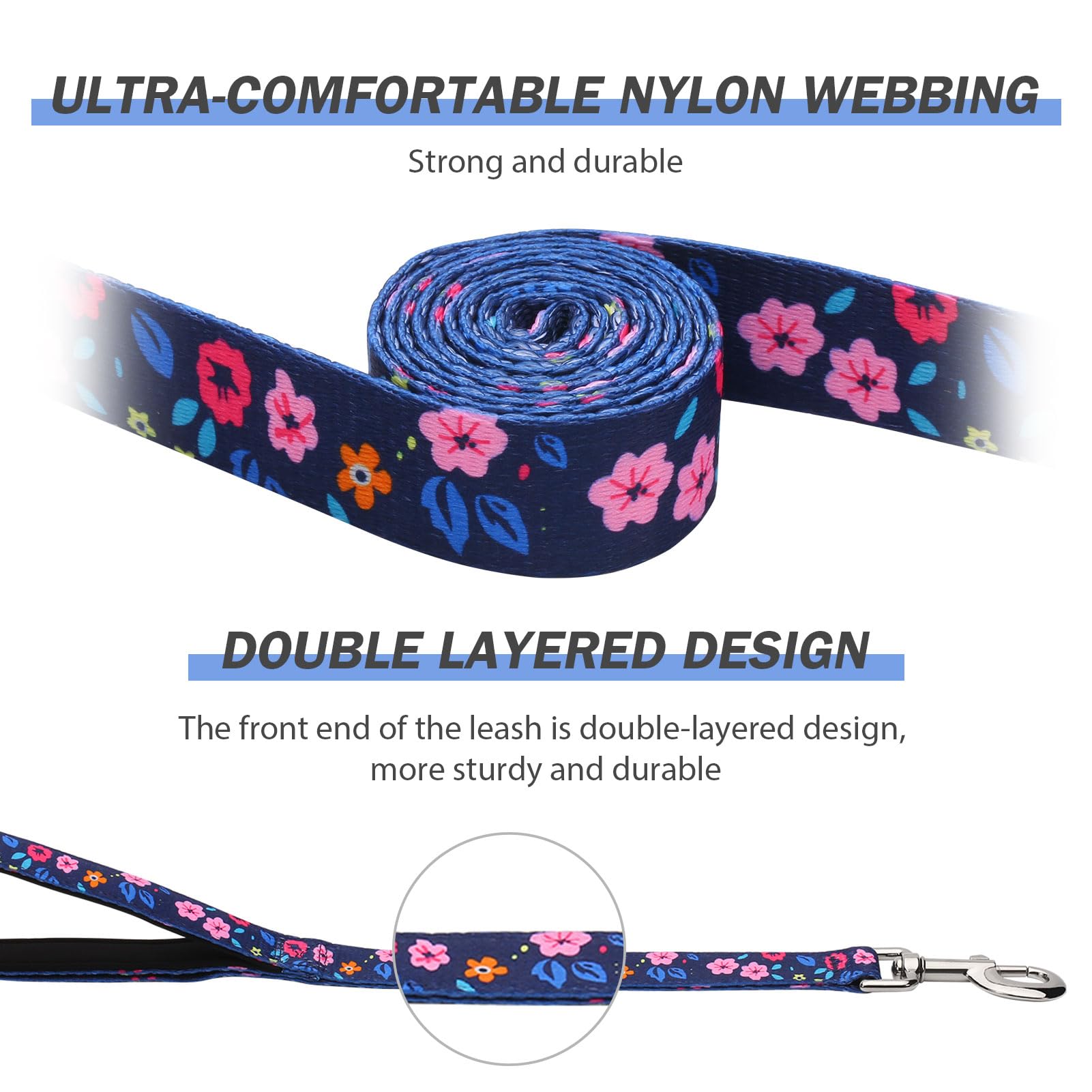 Hikiko Double Handle Dog Leash 6 Ft For Medium Large Dogs, Padded Traffic Handles Lead For Walking Training (Navy Blue Floral)