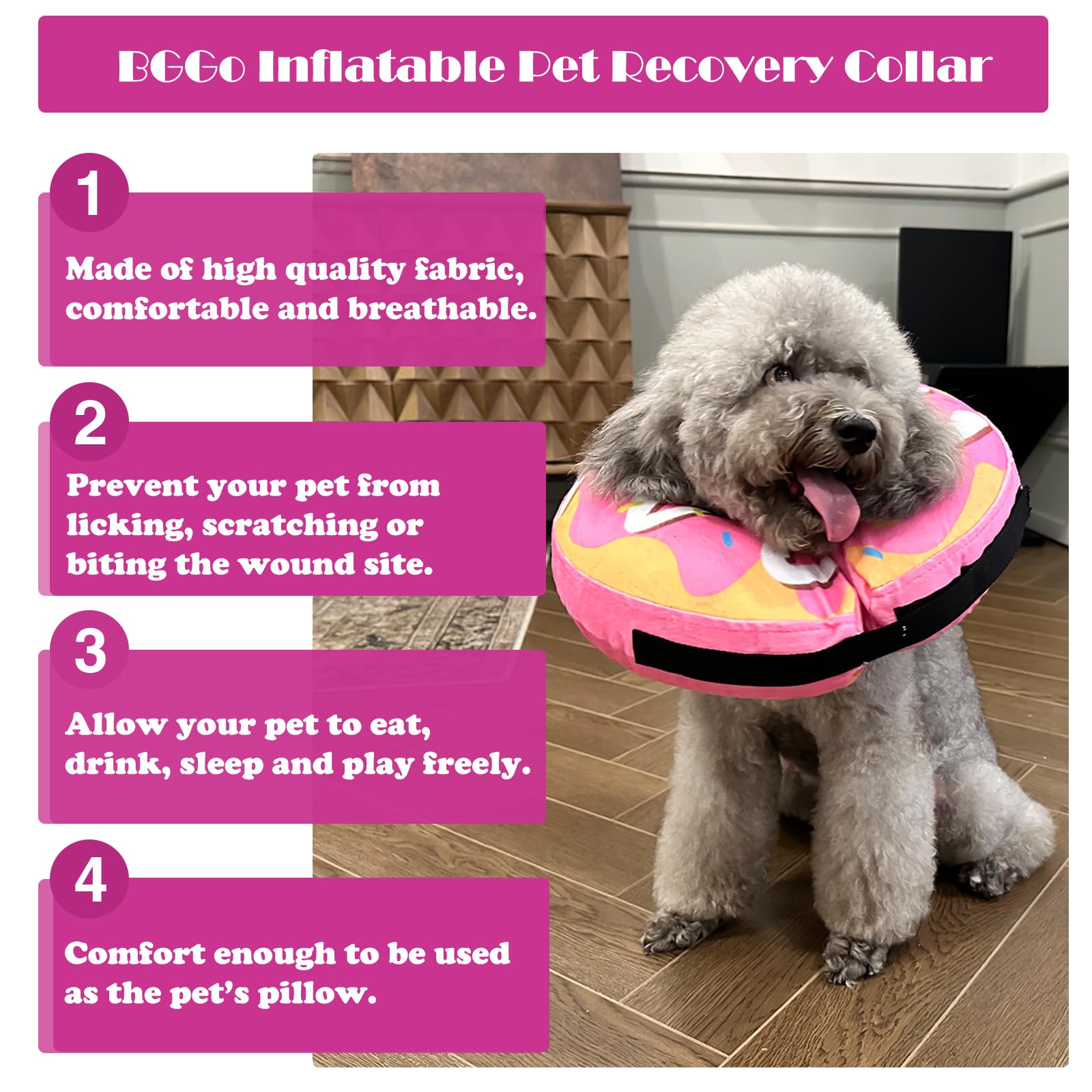 BGGo Inflatable Dog Cone - Soft Adjustable PVC Donut Collar for Dogs & Cats, Large, Yellow/Pink Cream, Model BG-DRC02