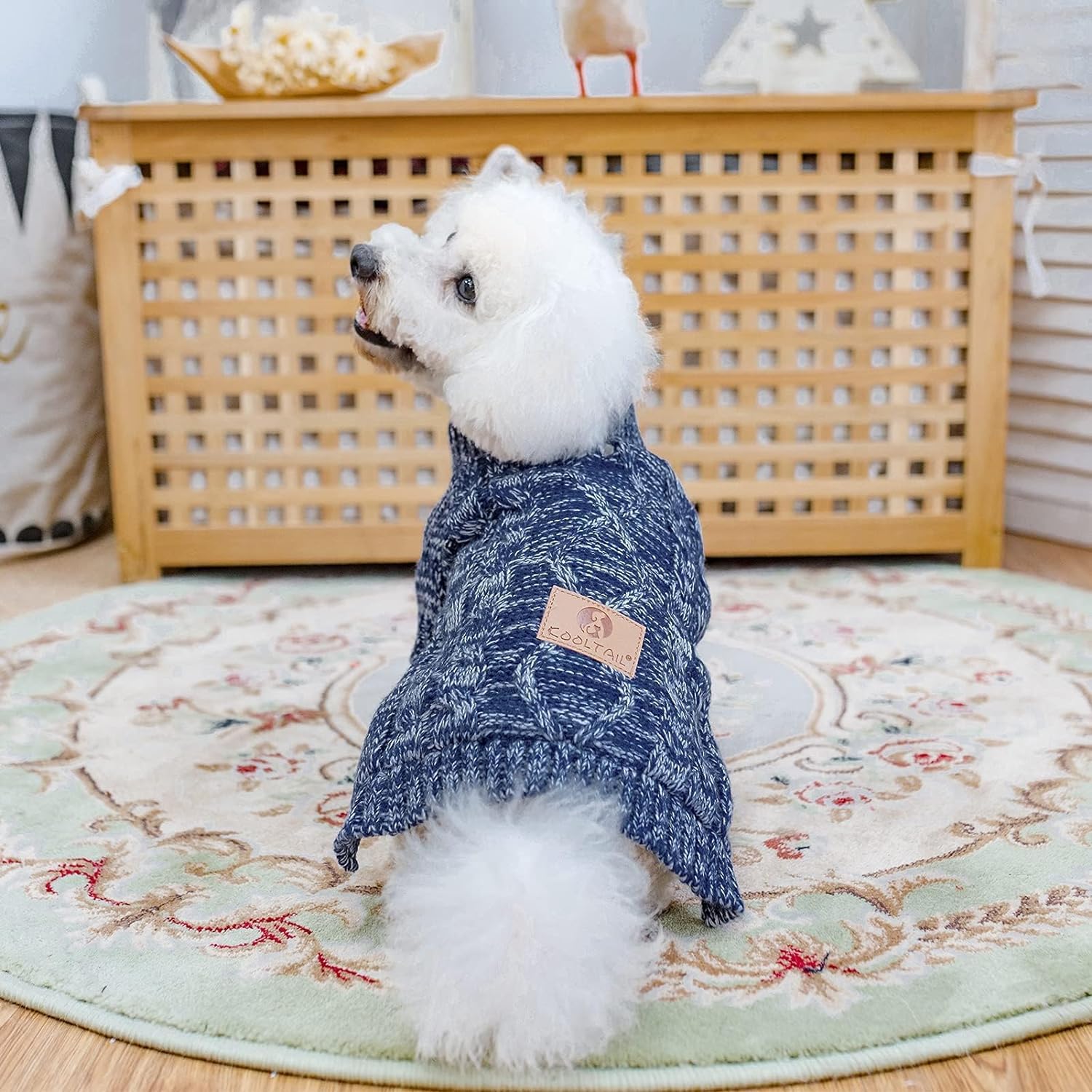 Kooltail Cable Knit Dog Sweater Turtleneck, Cold Weather Pullover Classic Knitwear, Thick Warm Winter Pet Clothes, Fall Maple Le