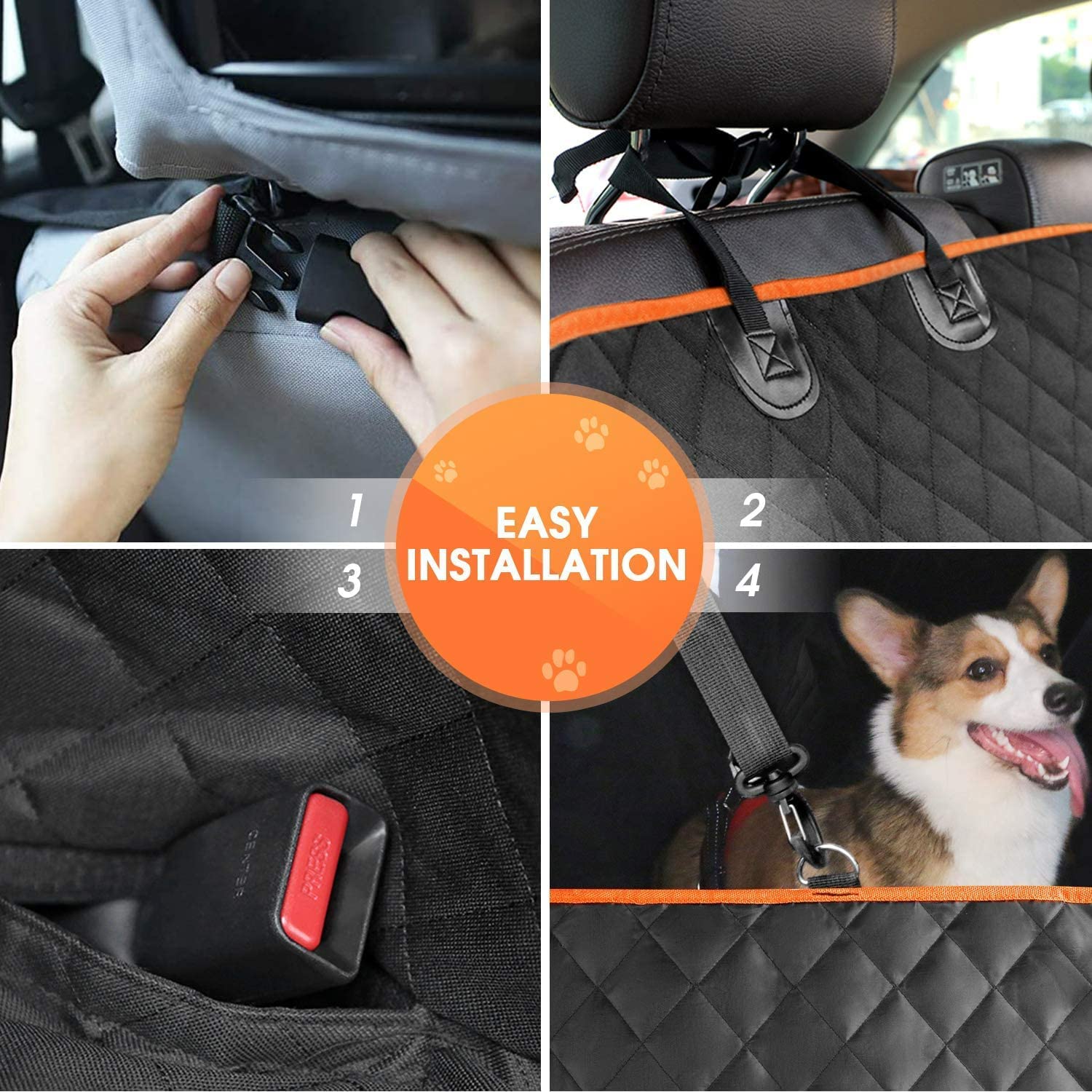 lufebut Dog Car Seat Cover - Waterproof Pet Hammock with 4 Bags Side Flap, Scratchproof and Nonslip Backseat Protection for Car,