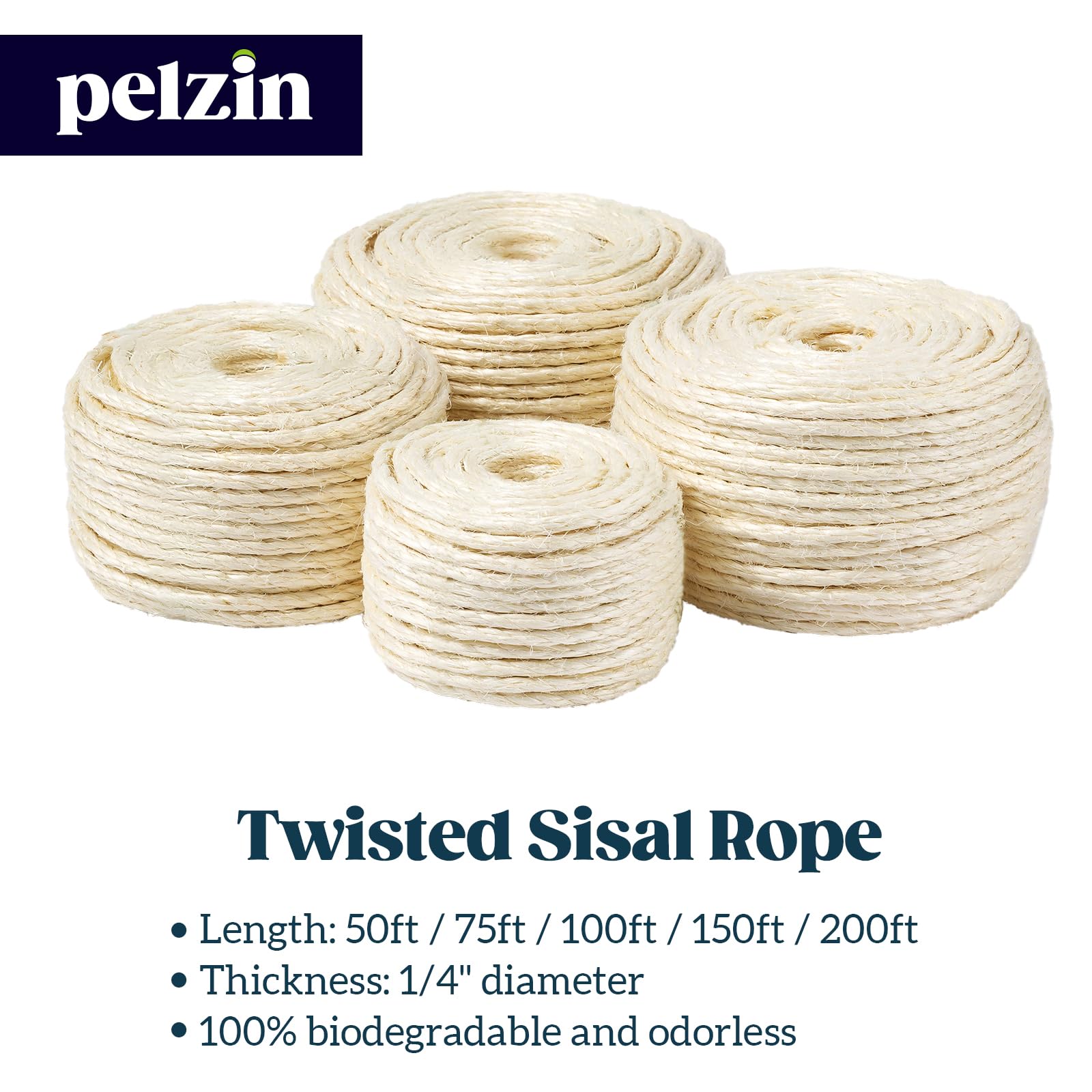 Pelzin Natural Sisal Rope For Cat Scratcher 1/4 Inch By 100 Feet, Cat Tree Rope Twine For Cat Scratching Post Replacement, Cat T