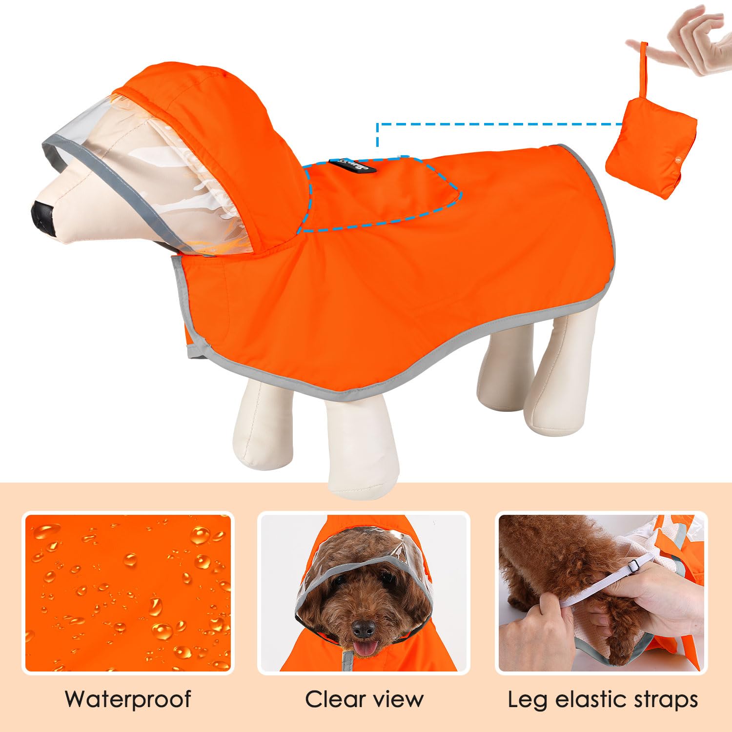 Slowton Raincoat, Adjustable Dog Jacket With Clear Hood, Double Layer, Waterproof Dog Poncho, Reflective & Storage, S, M, L Pupp