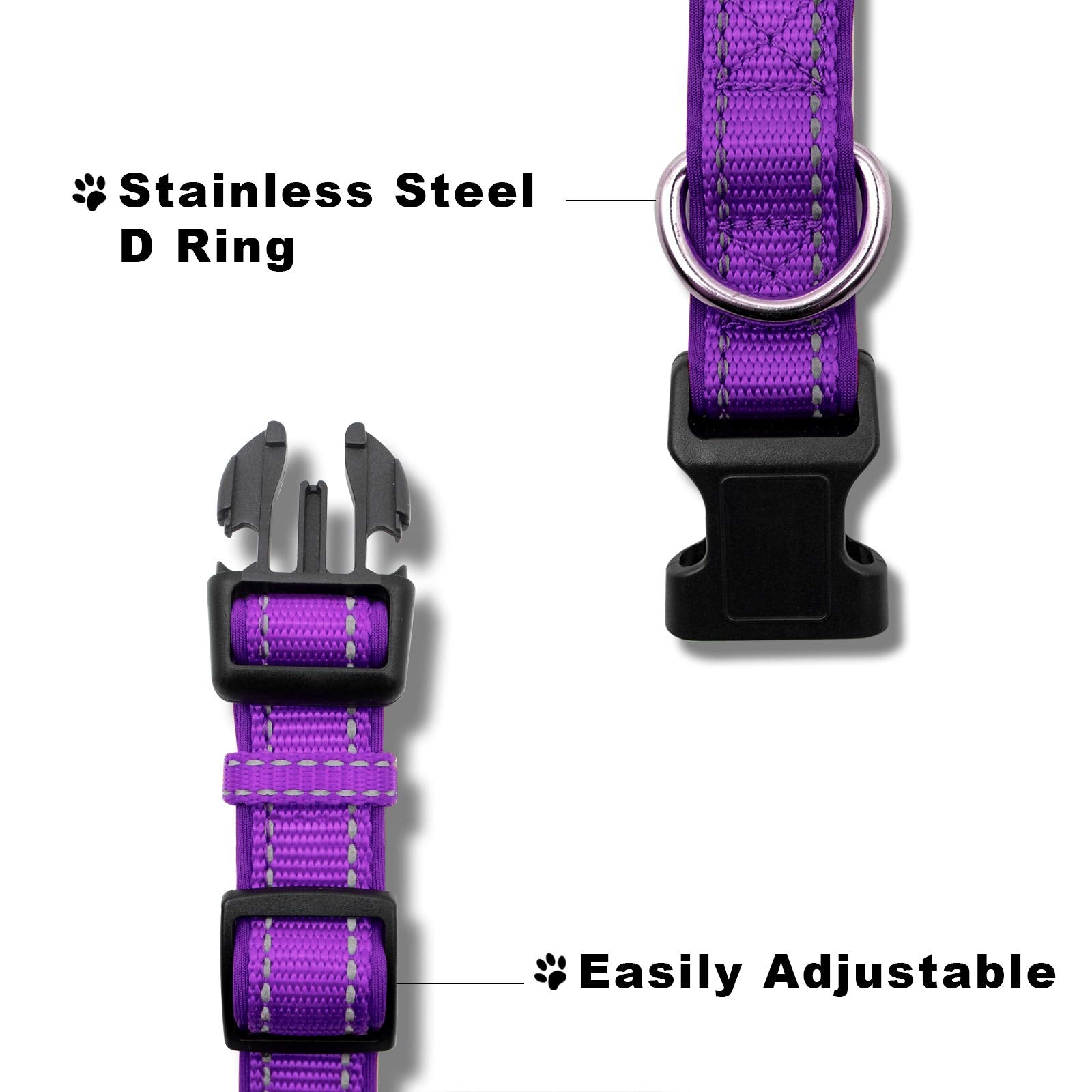 Rebnihc Reflective Dog Collar With Soft Neoprene Padded, Adjustable Nylon Dog Collar For Medium Dogs, Purple, M(3/4'' Wide, Neck 14''-21'')