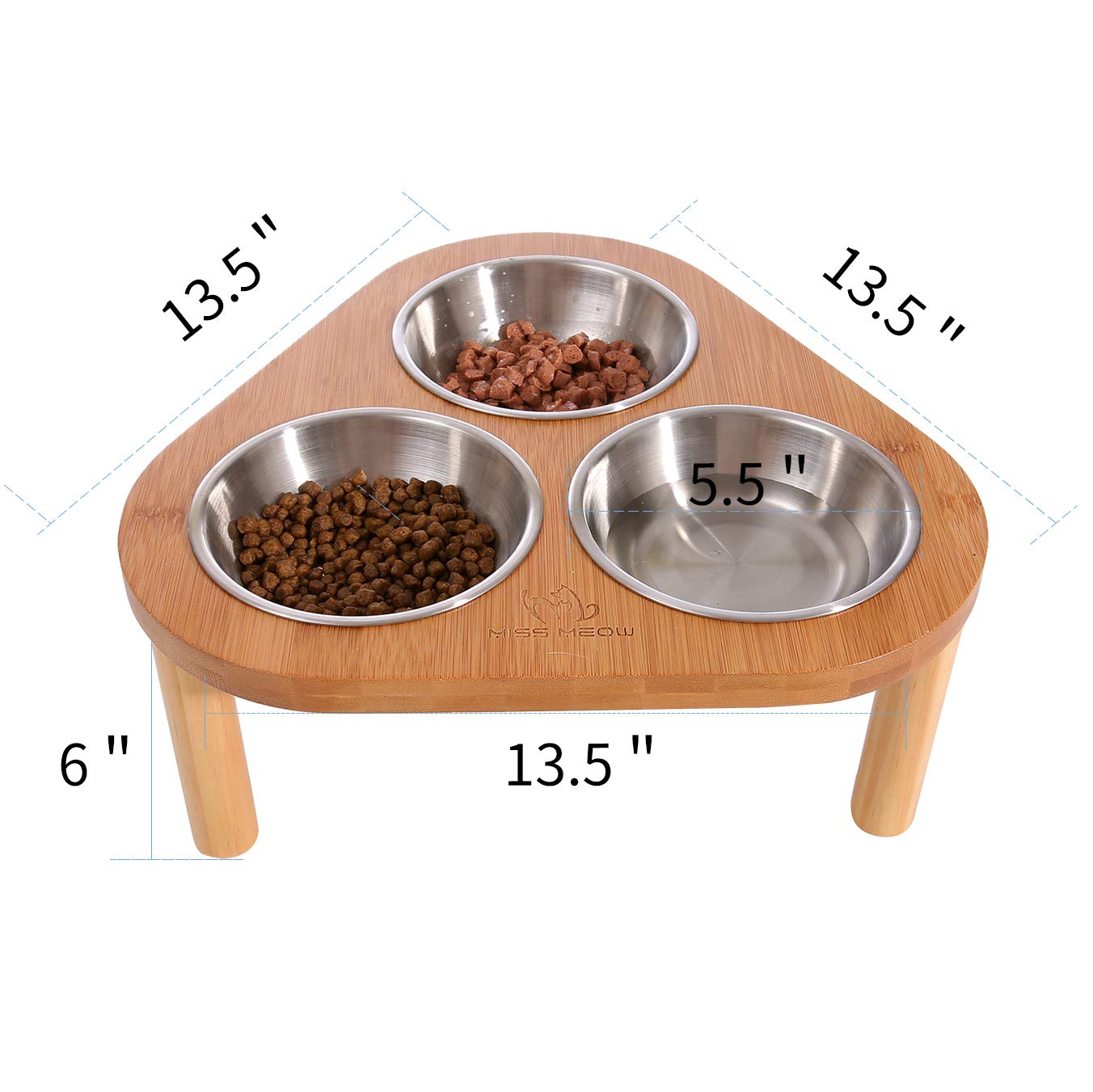 Miss Meow Raised Cat Bowls With Stand Feeder, Elevated Bamboo Stand With 3 Stainless Still Bowls And Removable Feet. (Stainless Still Bowls)