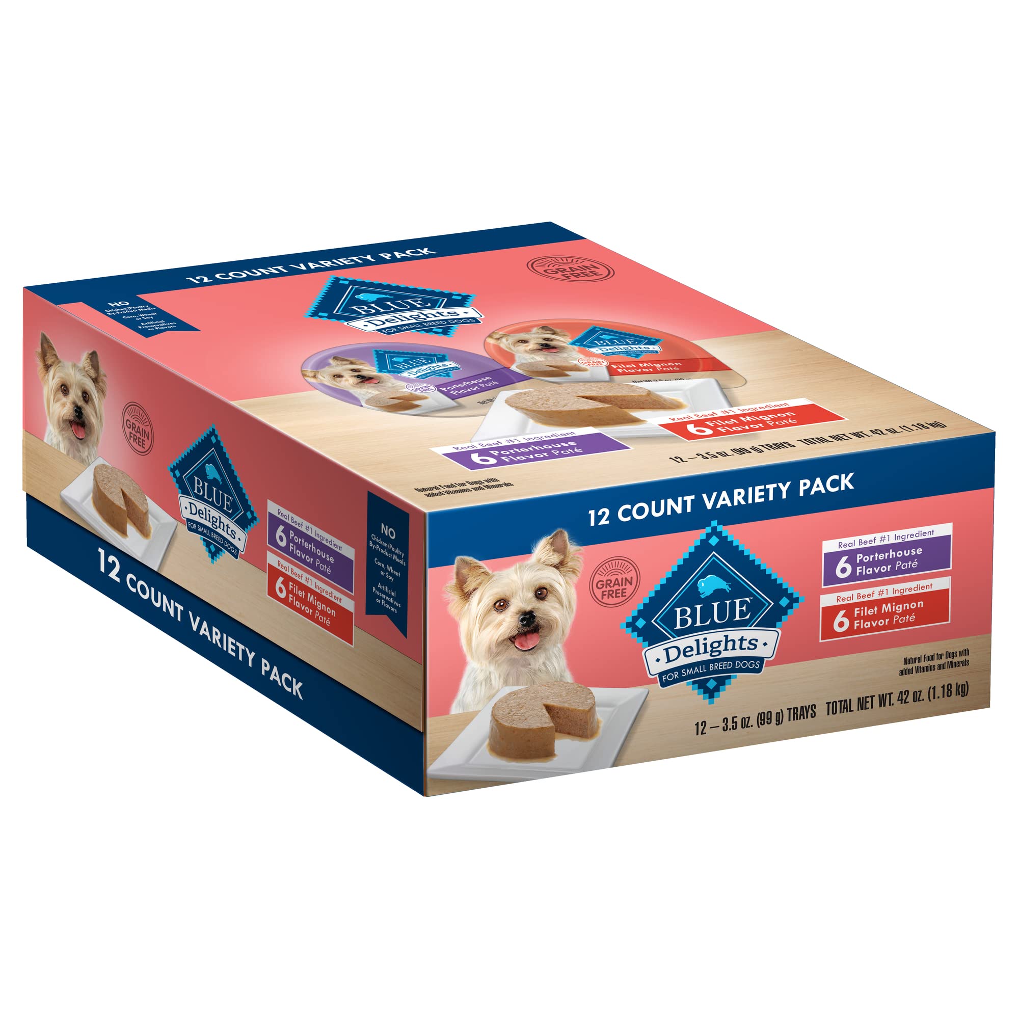 Blue Buffalo Delights Natural Adult Small Breed Wet Dog Food Cups, Pate Style, Filet Mignon and Porterhouse 3.5-oz (12 Pack- 6 o