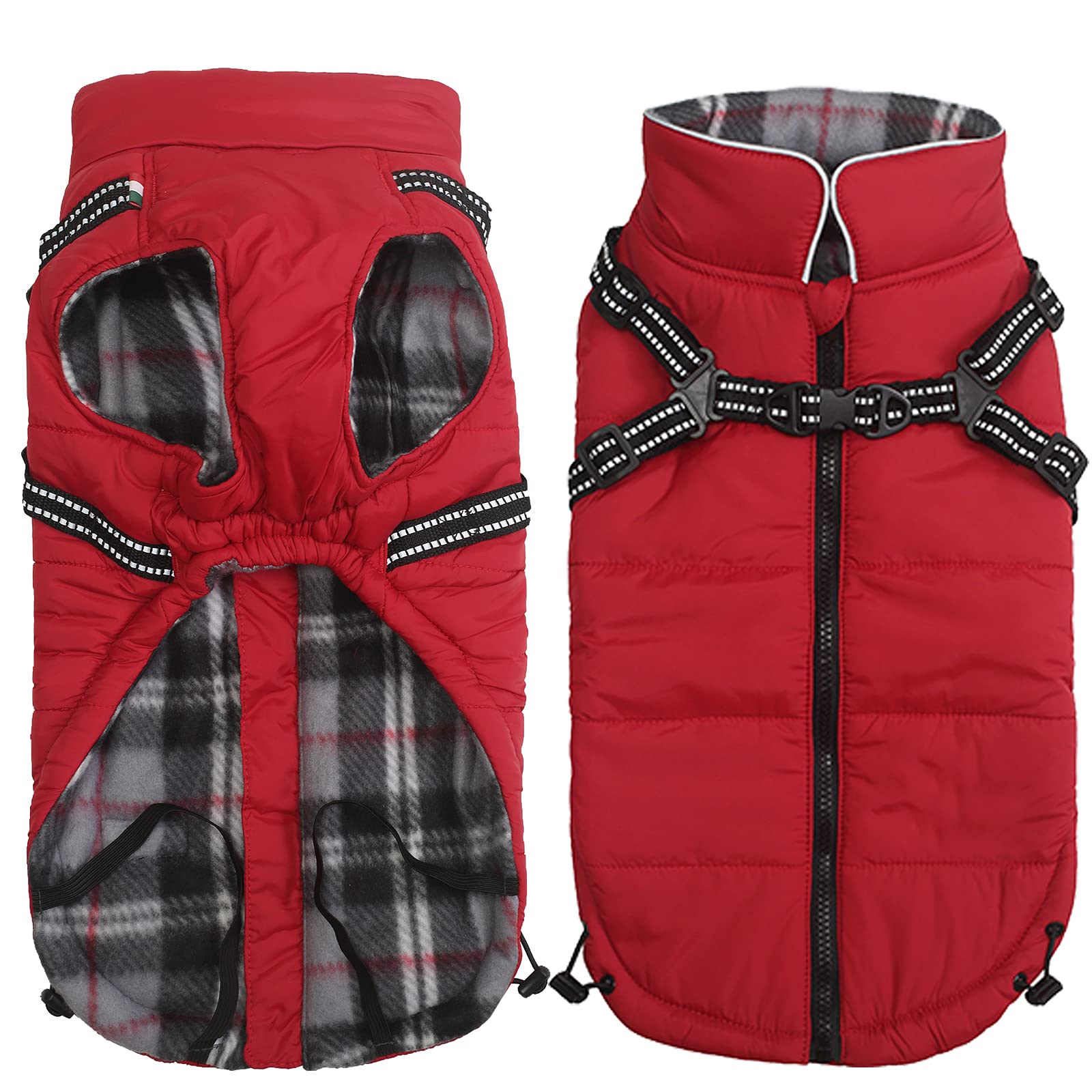 Geyecete Winter Warm Coat Waterproof Dog Jacket with Harness Traction Belt,Pet Outdoor Jacket Dog Autumn and Winter Clothes-Red-