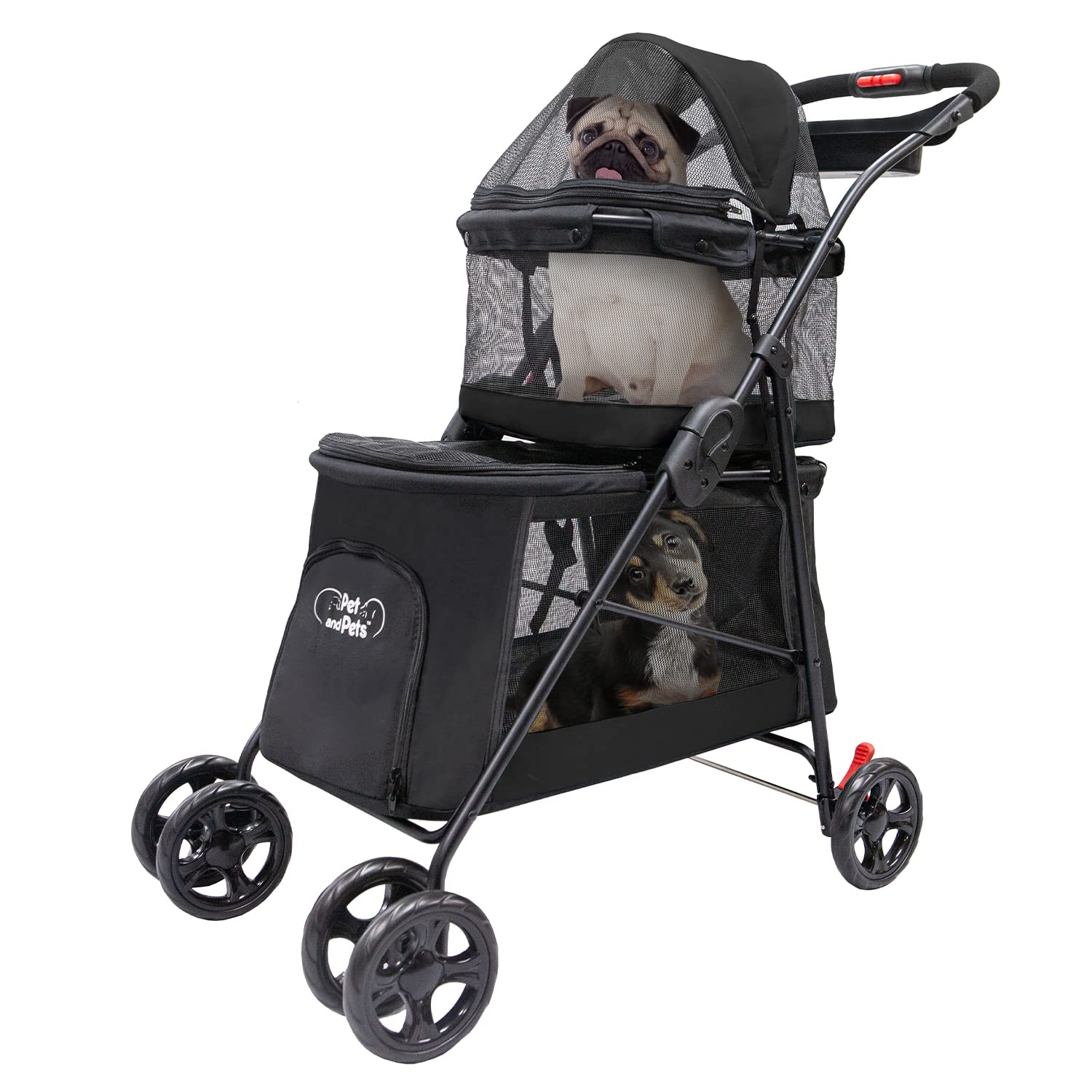 Double Decker Pet Stroller - Black: Dual Bassinets for Multiple Pets, Removable Pee Pads, Adjustable Leashes, Mesh Windows, Swiv