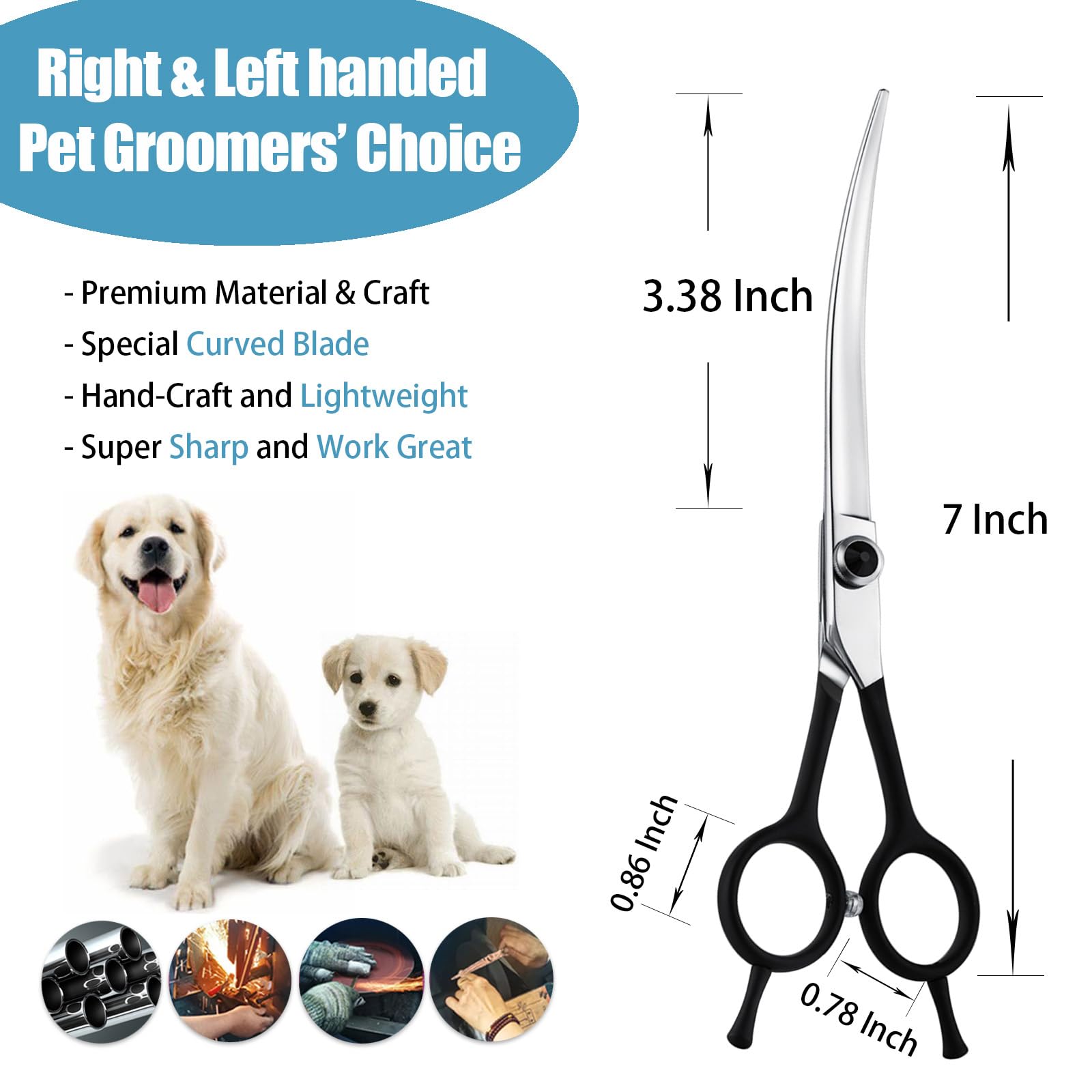 Dragon Creek 7'' Upward Curved Dog Grooming Scissors - Safety Shears For Face & Paws Trimming - Black