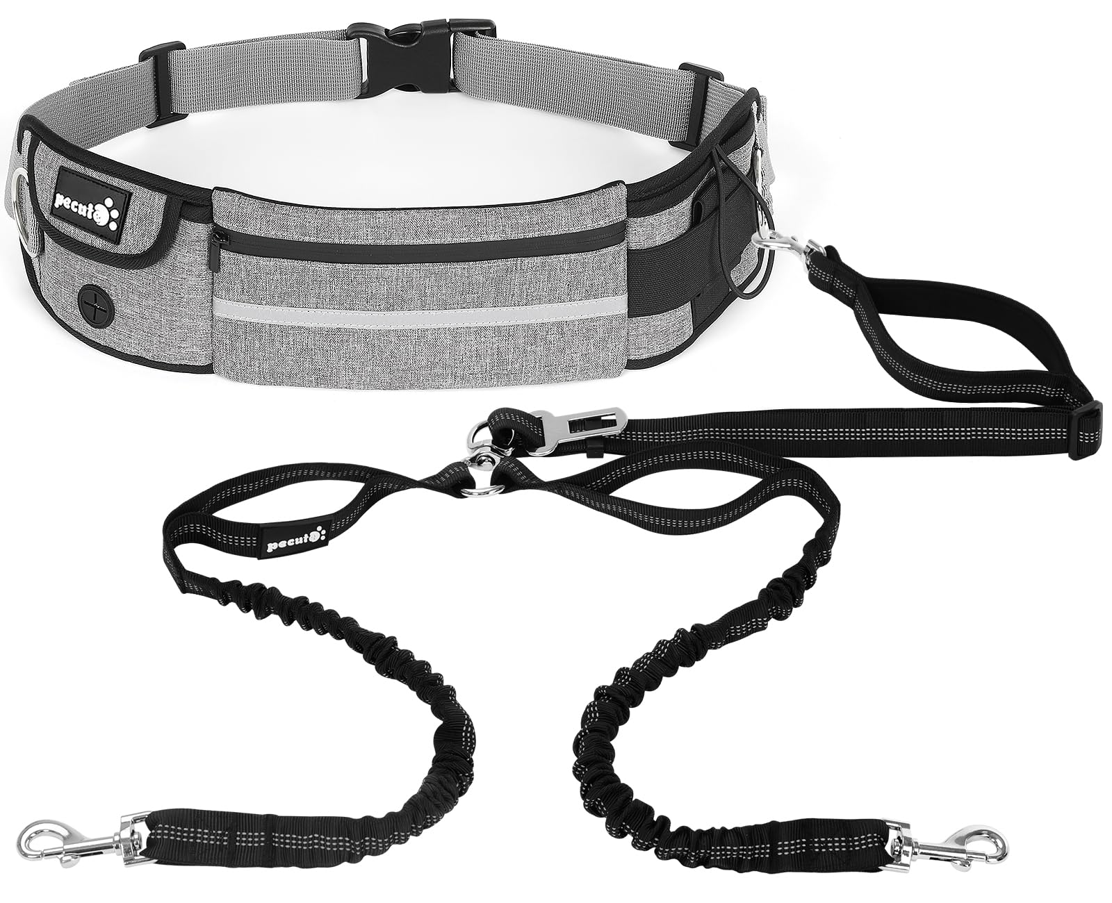 Pecute Hands Free 2 Dogs Waist Belt Fanny Pack With Soft Padded, Dual Dog Leash With Pouch, 3 Padded Handles, Durable Bungee, Do