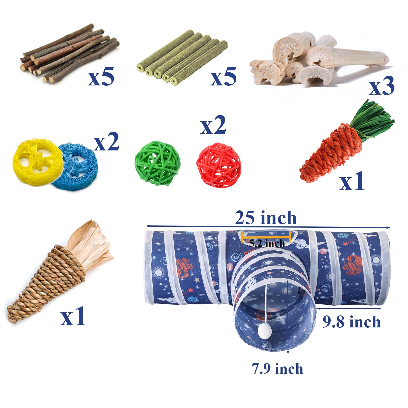 HERCOCCI Rabbit Toys, Collapsible Bunny Tunnels & Tubes 3 Way Rabbit Hideout Tunnel with Chew Toy for Bunny Guinea Pig Ferret Ki