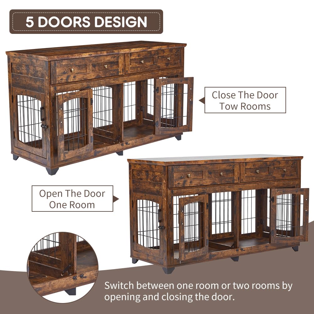 2 Rooms Dog Crate Furniture with Openable Partition,58 Wooden Dog Crate Table with 2 Drawers,5-Doors Dog Furniture,Indoor Dog Ke