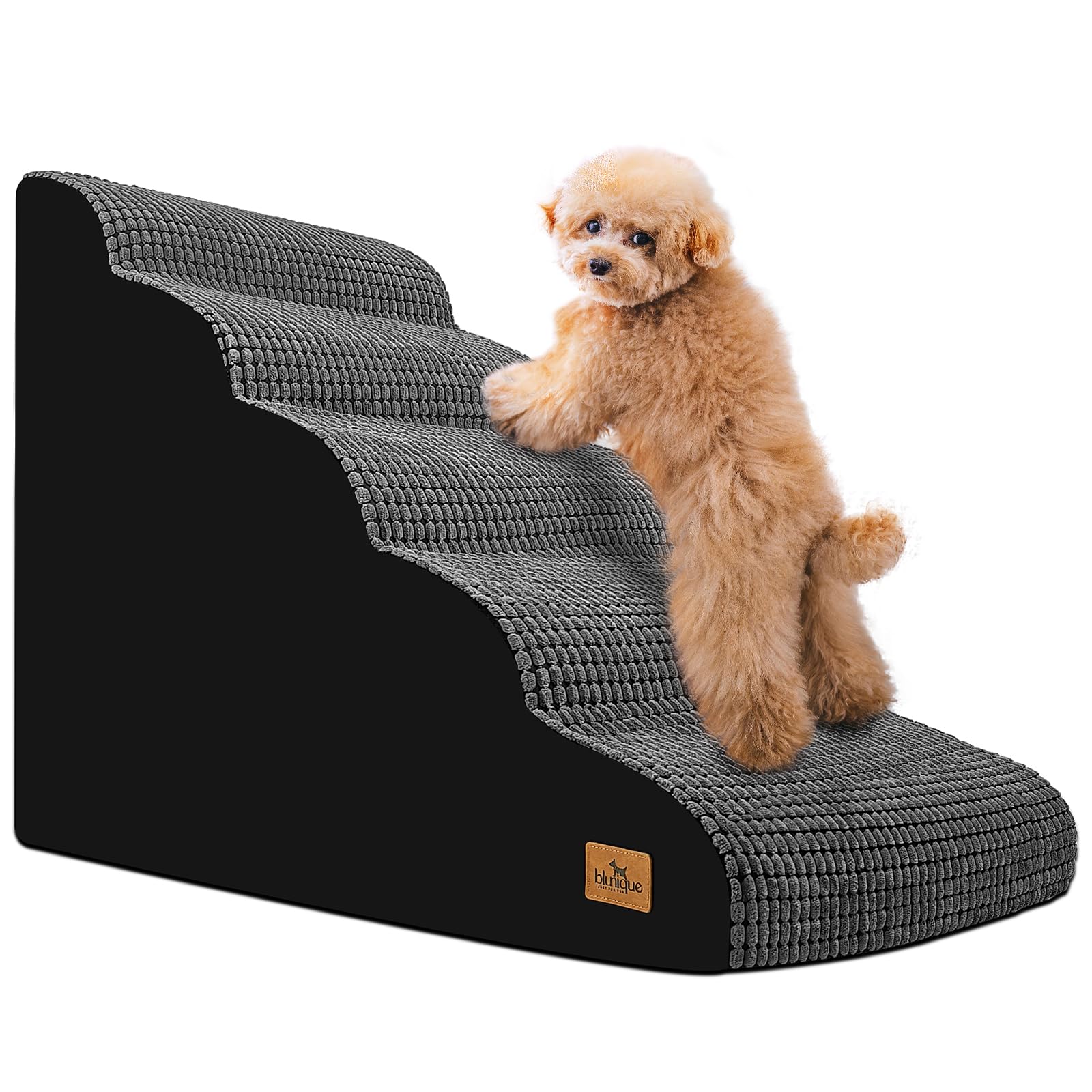 Blunique 5-Step Dog Stairs For High Beds And Couch, Foam Ramp With Durable Non-Slip Waterproof Fabric Cover, Grey Pet Stairs For