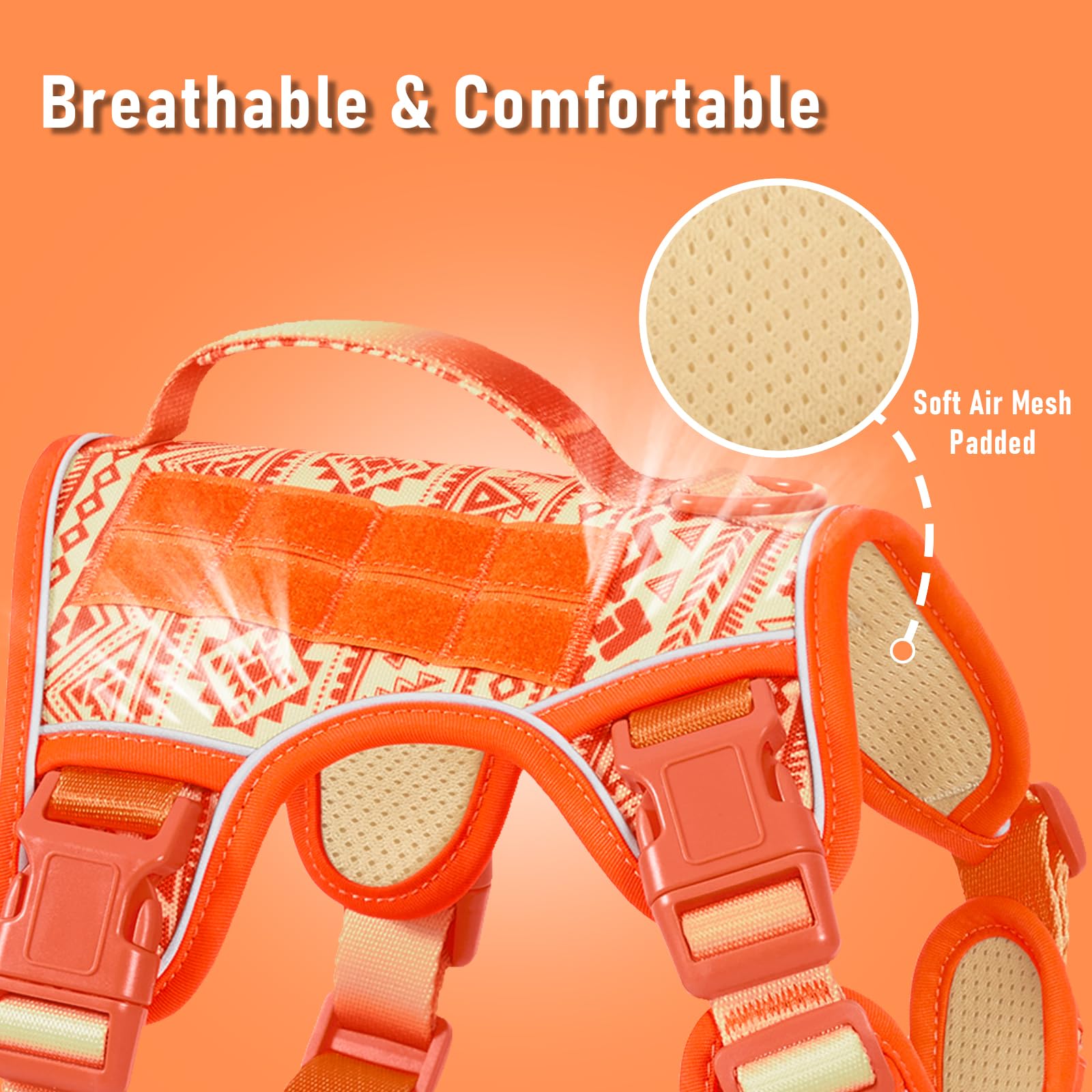 Orange Tactical Dog Harness With Ethnic Pattern For Big Dog, Like English Bulldog Doberman Husky Rottweiler Labrador, Easy To Pu
