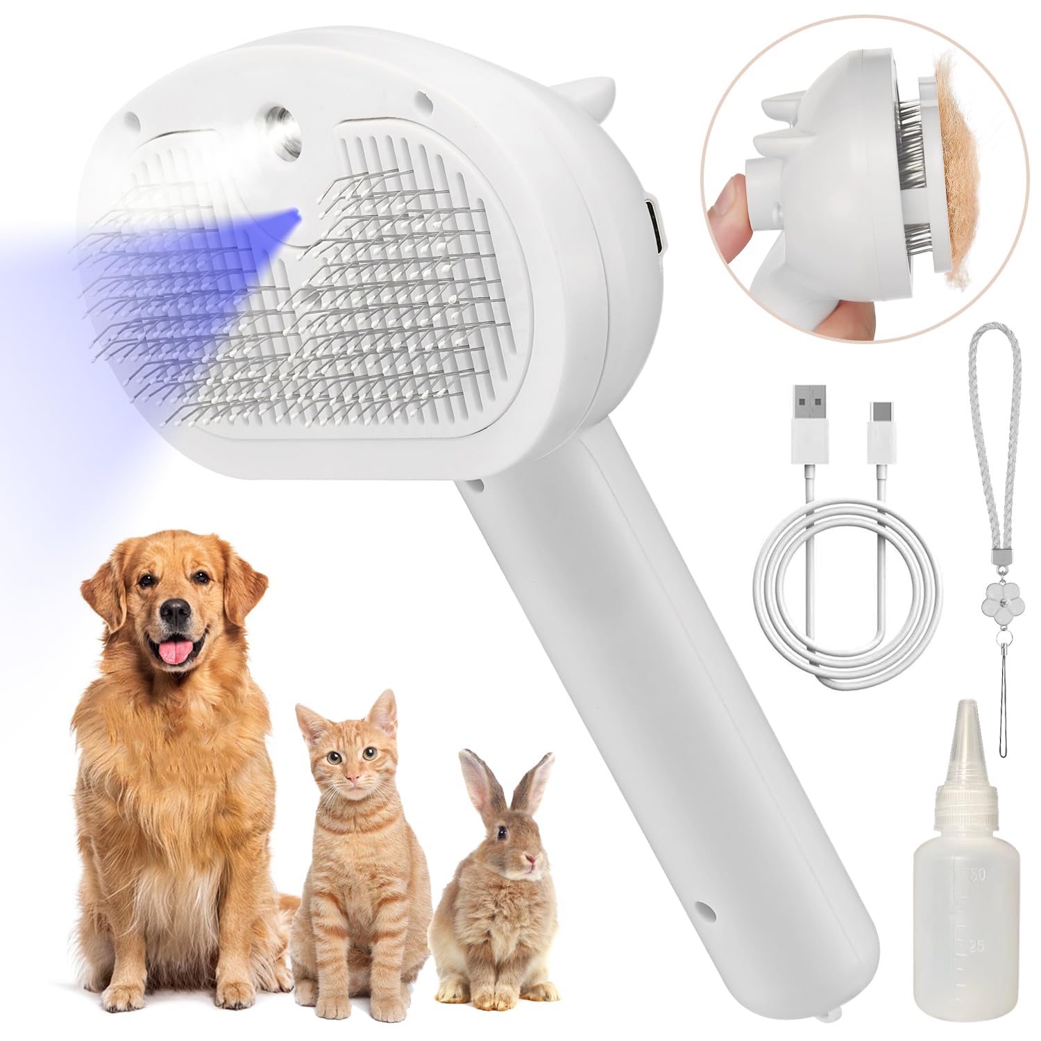 Pet Steam Brush For Shedding, 4 In 1 Brush For Long & Short Haired Cat&Dog, Self-Cleaning Hair Remover With Water Tank And Led B