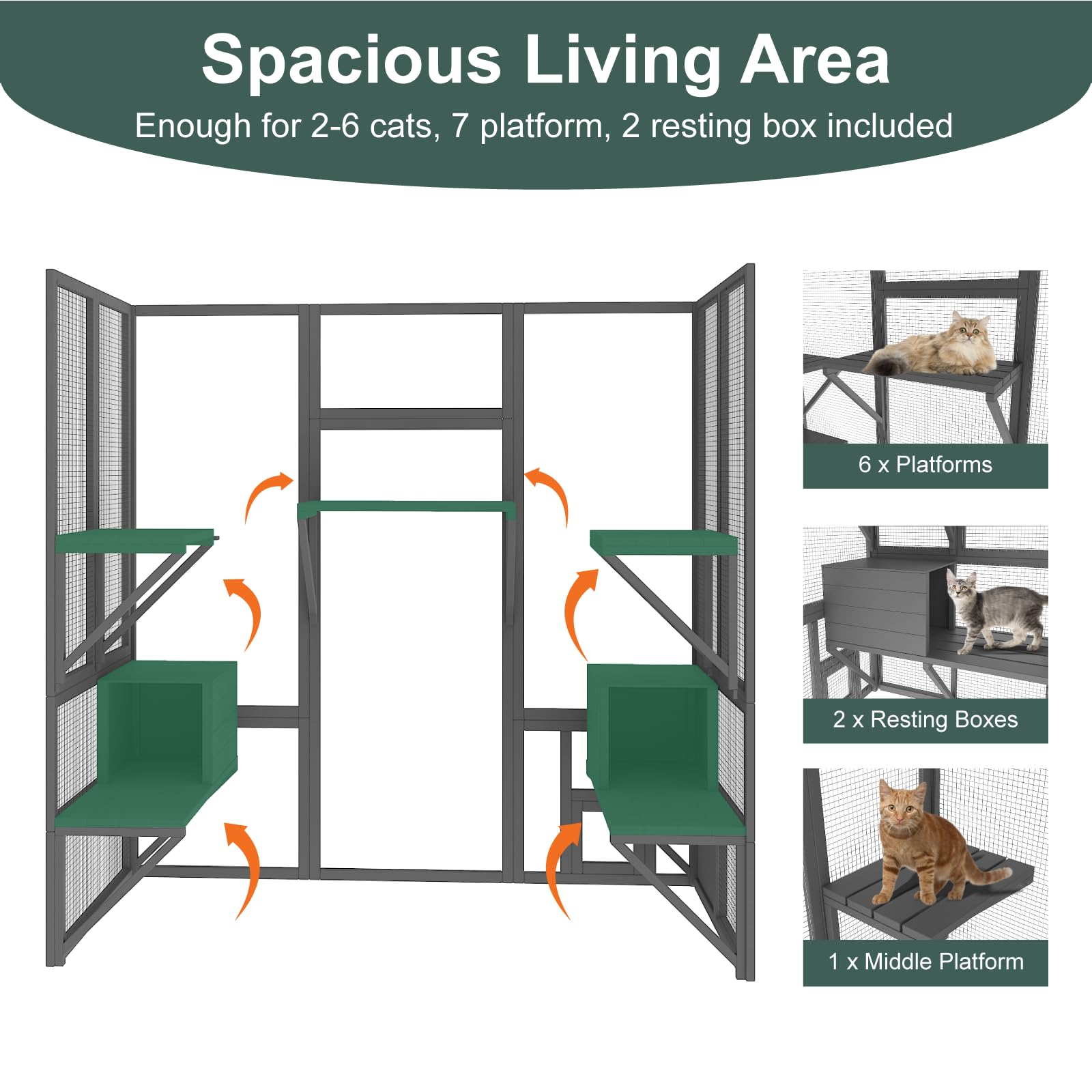 TIMHAKA Large Catio Outdoor Cat Enclosure, 72 Walk-in Cat Cage with Waterproof Cover, Grey, for Multiple Cats, 7 Platforms & 2 Resting Boxes