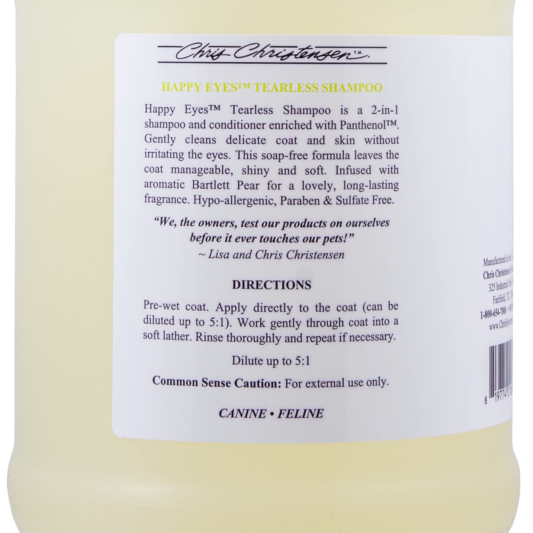 Chris Christensen Happy Eyes Ultra Concentrated Tearless Dog Shampoo, Makes Up To 5 Bottles, Groom Like A Professional, Hypo-Allergenic, Sulfate Free, No Tears, All Coat Types, Made In Usa (Gallon)