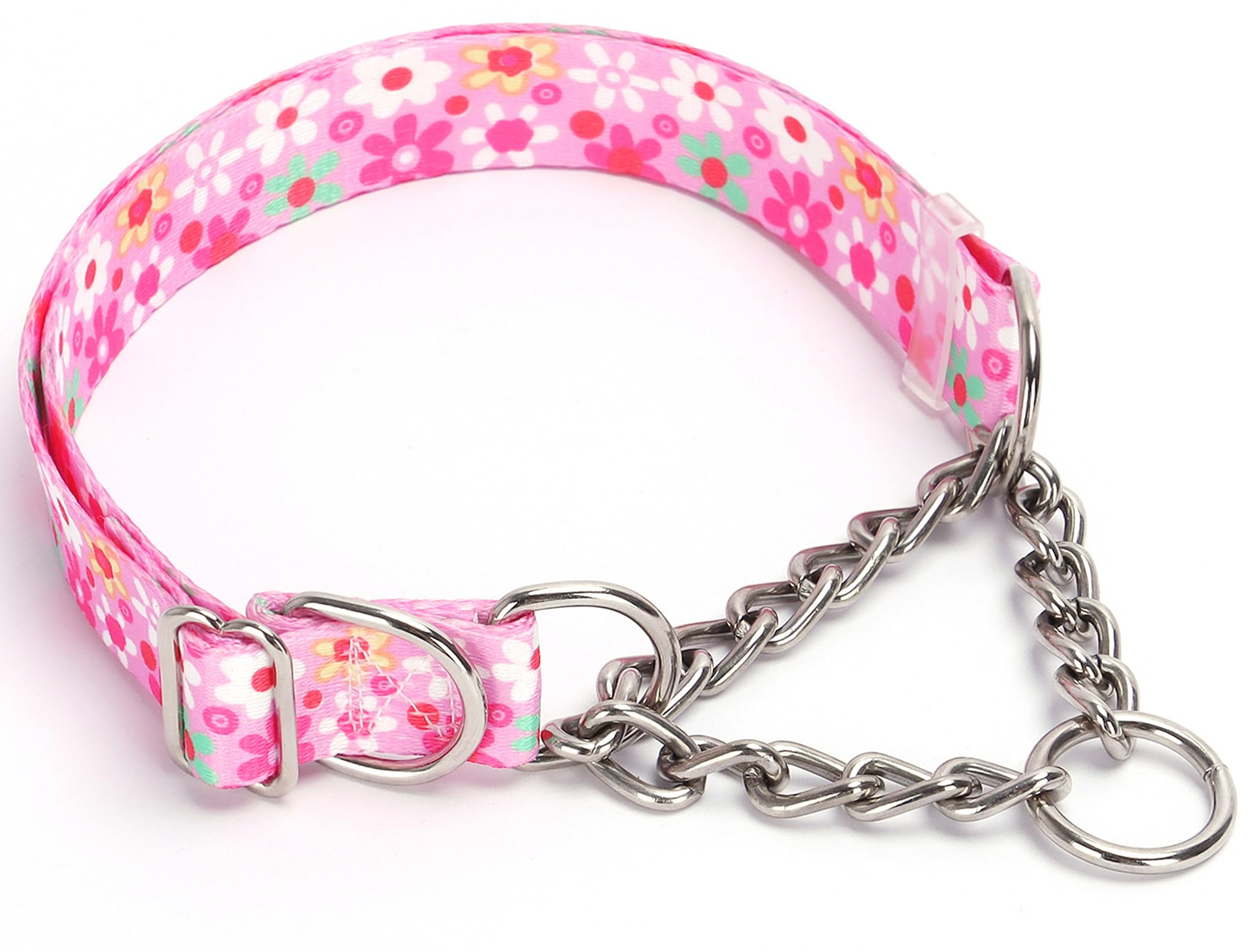 Martingale Collar For Dogs With Nylon & Steel Chain Limited Cinch Design, No Choke Dog Collar With Pink Flower Design, Adjustabl