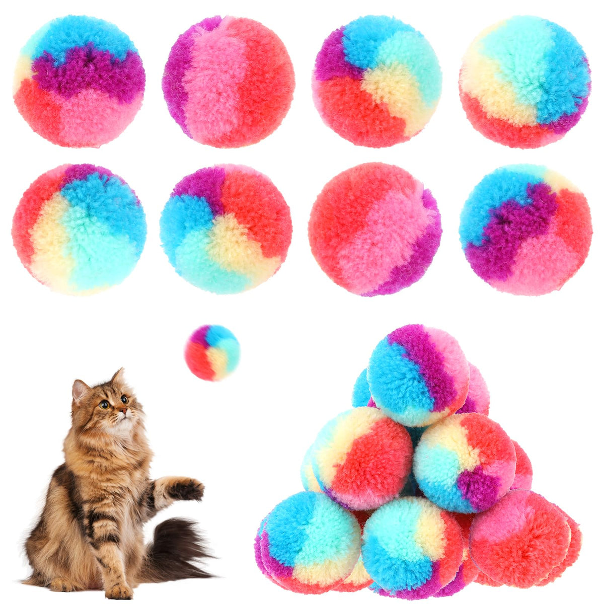 Kalione 30 Pcs Soft Plush Cat Ball 1.2-Inch Rainbow Cat Toy Balls Fuzzy Kitty Balls Kitten Puff Balls Colorful Cat Pom Pom Balls